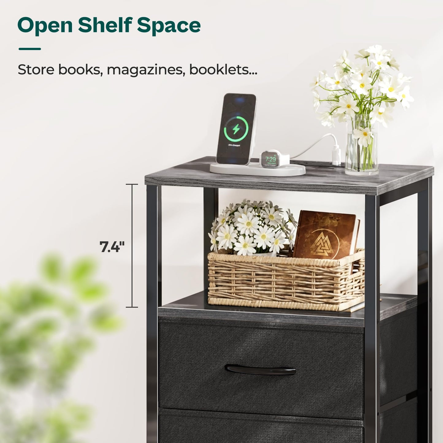 Huuger Nightstand with Charging Station, Side Table with 2 Fabric Drawers, End Table with Open Shelf, Bedside Table with USB-C Port and Outlets, Night Stand for Bedroom, Black
