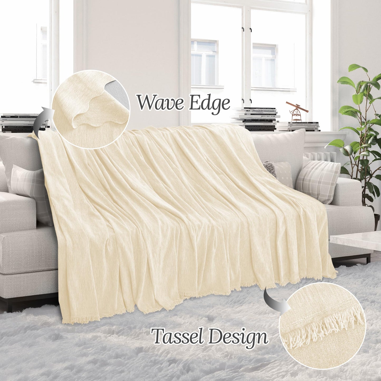 HDCAXKJ Corner Sectional Couch Covers for Dogs L Shape Sofa Cover with Tassel Chenille Super Soft Non Slip U Shaped Couch Cover Blanket Washable Sofa Slipcovers Protector (Light Beige, 91x276 inch)