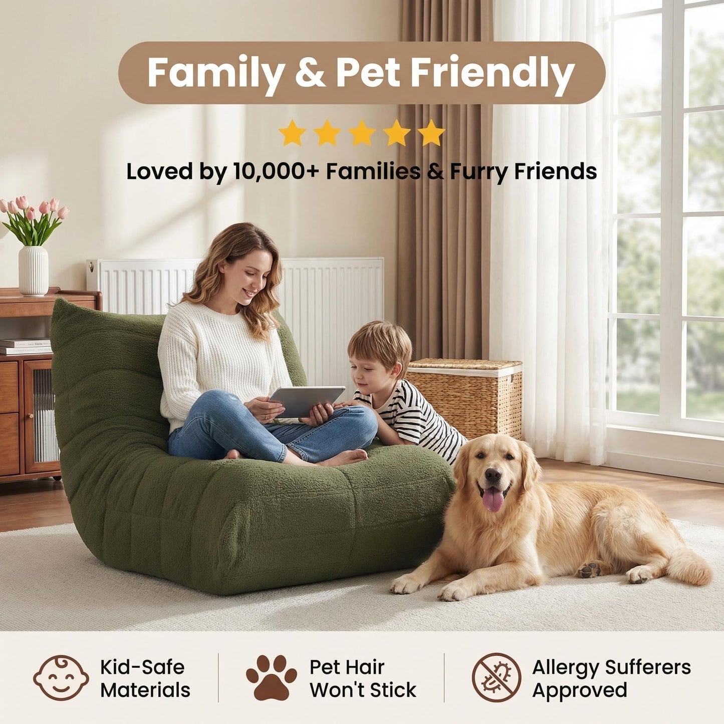 Gazecaia Comfy Bean Bag Chair for Adults Teens | Fireside Floor Lounge Chair, Soft Teddy High-Resilience Memory Foam Bean Bag Couch with Non-Slip Base, for Living Room Bedroom Apartment Office, Green