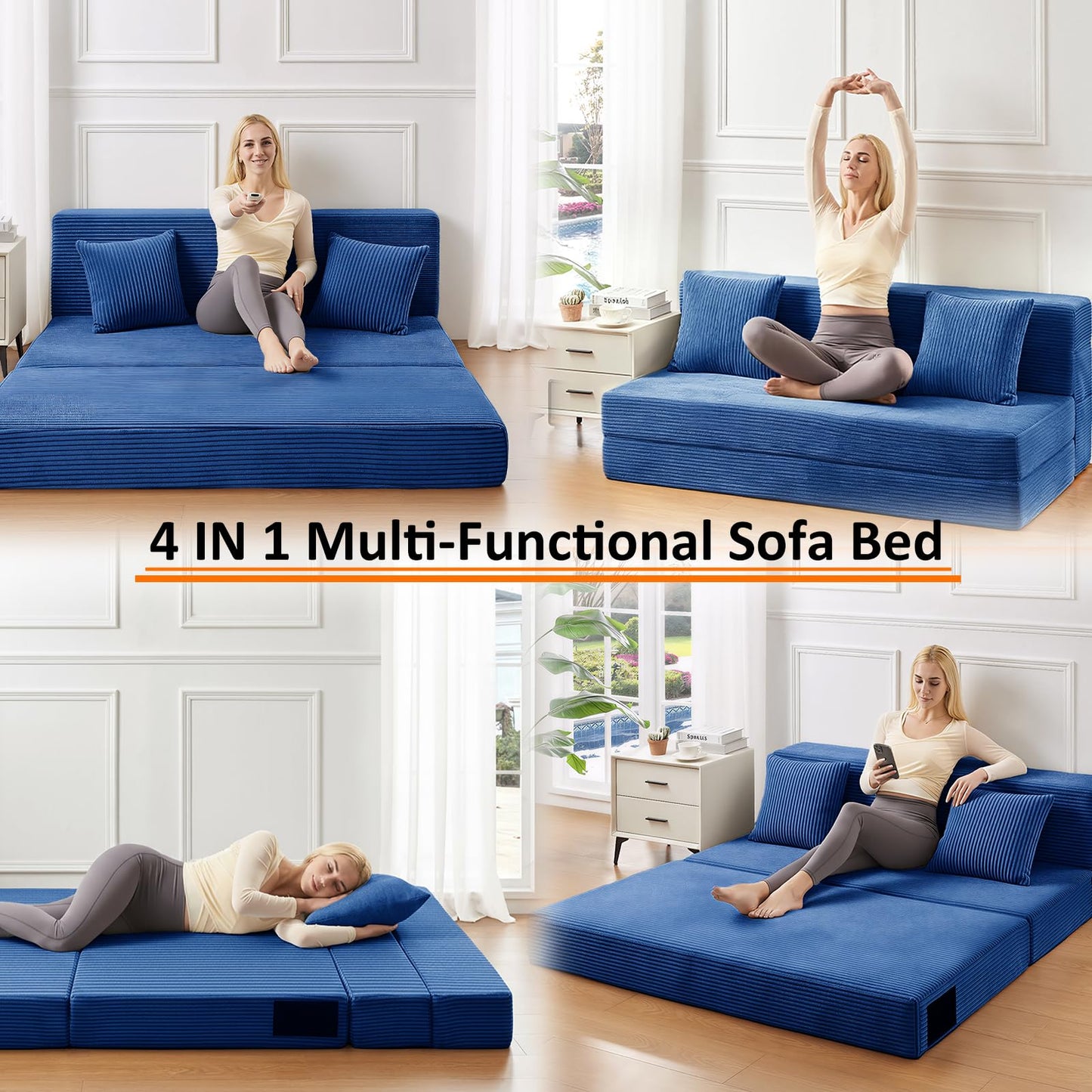 JKMAX Single Size Folding Sofa Bed - 4 in 1 Convertible Sleeper Chair - High Density Memory Foam Futon Couch - Foldable Bed for Living Room Bedroom (Blue)