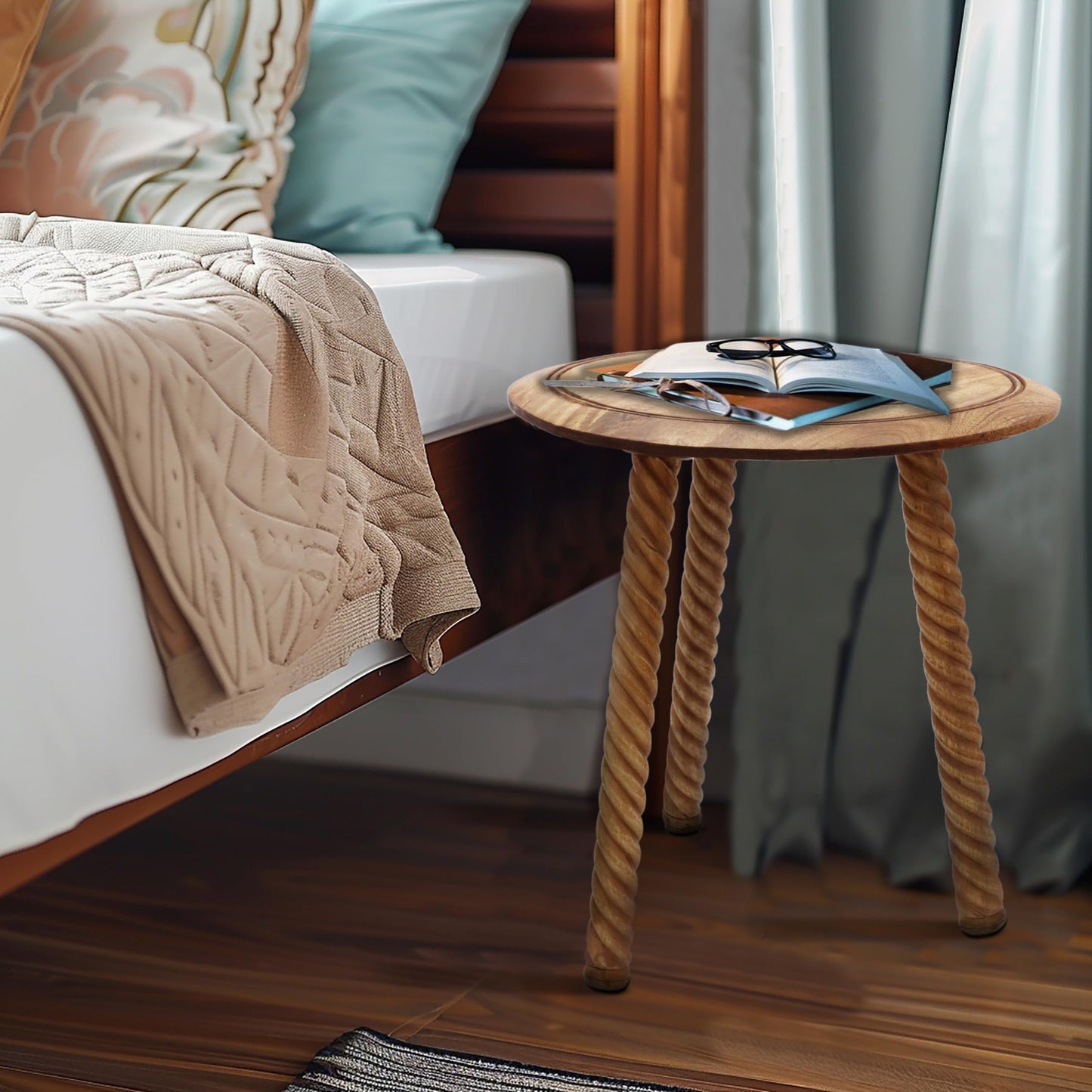 COTTON CRAFT Solid Wood End Table - Hand Carved Accent Table - Global Boho Side Table - Easy to Assemble Round Table - Small Spaces Entryway Living Room Bedside Farmhouse - 18 Inches Round - Natural