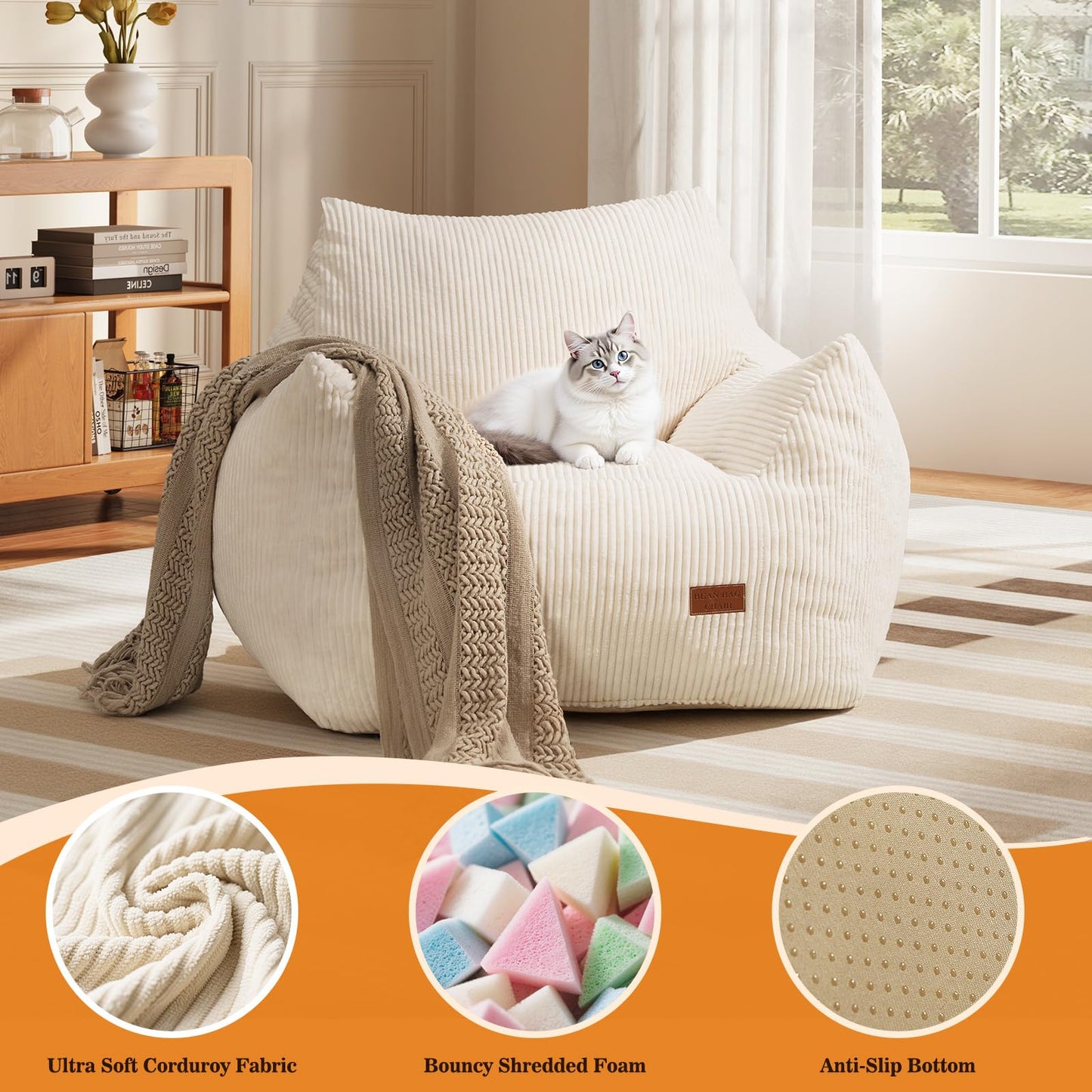 Vellorise Big Bean Bag Chair for Adults, Ultra Soft Living Room Bean Bag with Armrests, Stuffed BeanBag Chair for Napping, Gaming, Vacuum-Compressed for Easy Gifting, 48 Hours to Fluffs Up, Beige