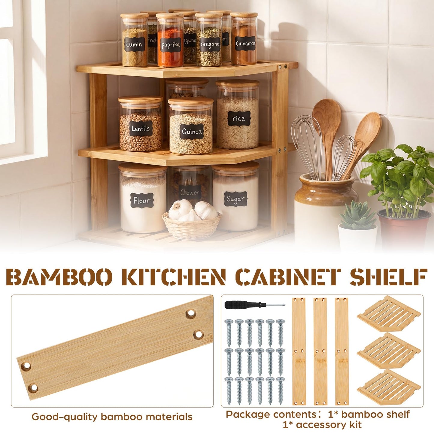 BrightRow 2 Pcs Corner Bamboo Shelf, Kitchen Cabinet Organizer Bamboo Bookshelf, Organizer Kitchen Shelves, Corner Cabinet Rack, Storage Shelves for Pantry Bathroom Dining Room Study Laundry