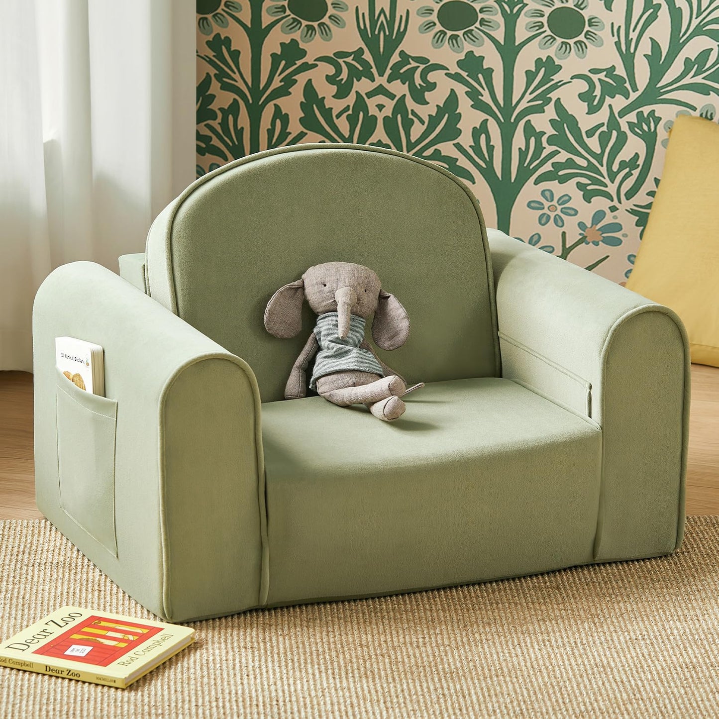 Tiny Land 2-in-1 Foldable Kids Couch with Pockets – Soft Thick Toddler Sofa, Convertible Kids Chair for Playroom, Bedroom or Living Room, Gift for Boys & Girls(Green)