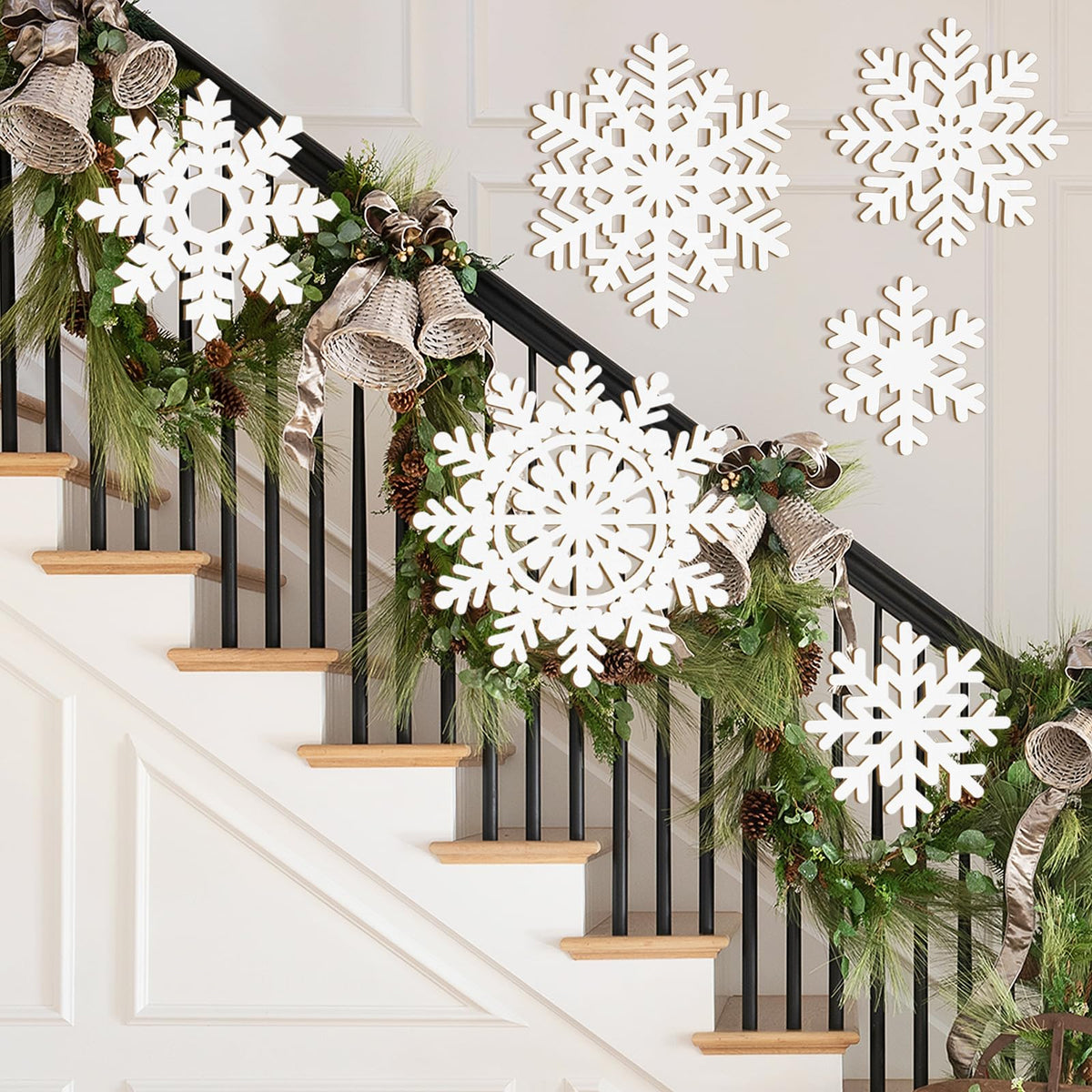 Wooden Large Snowflake Ornaments Sign Christmas Decorations 6 Pack, Wood Hollow White Snowflakes Crafts Winter Hanging Plaques Decorations 6 Size of Cutouts New Year Wall Bedroom Living Room Decor