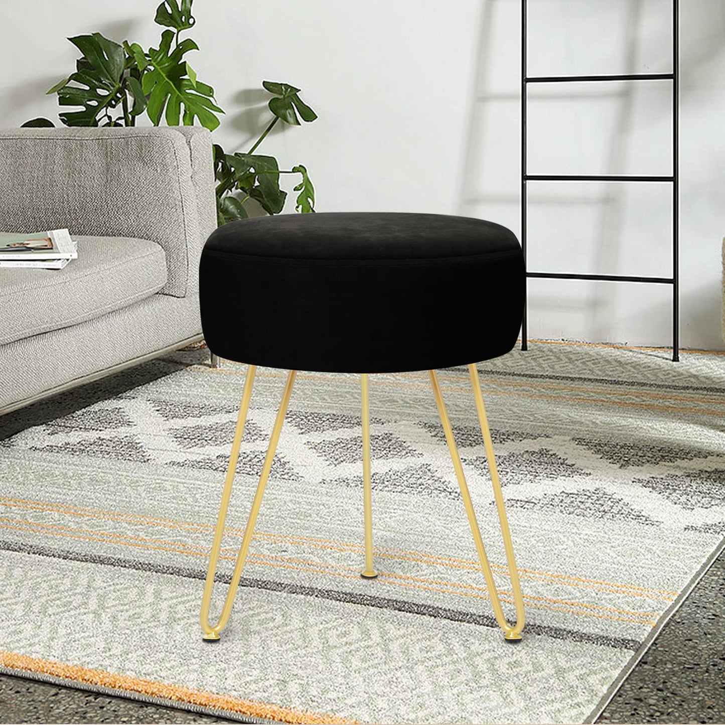 YOONIC Velvet Soft Modern Vanity Footstool -Round Footrest Stool Ottoman Side Table Seat Dressing with Golden Metal Leg and Sponge Filling,Upholstered Foot Rest, for Living Room and Bedroom Black