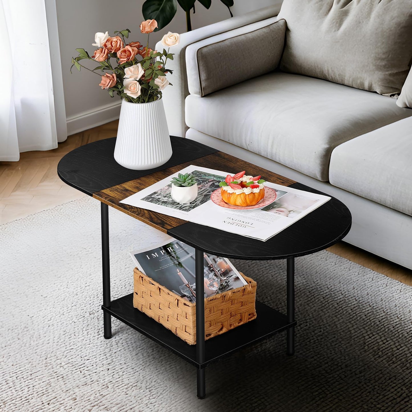 Farmhouse Oval Coffee Table with Storage, 2-Tier Wood Center Table for Living Room, Mid Century Modern Coffee Table Low Cocktail Tea Table for Small Space, Office, Apartment, Brown & Black