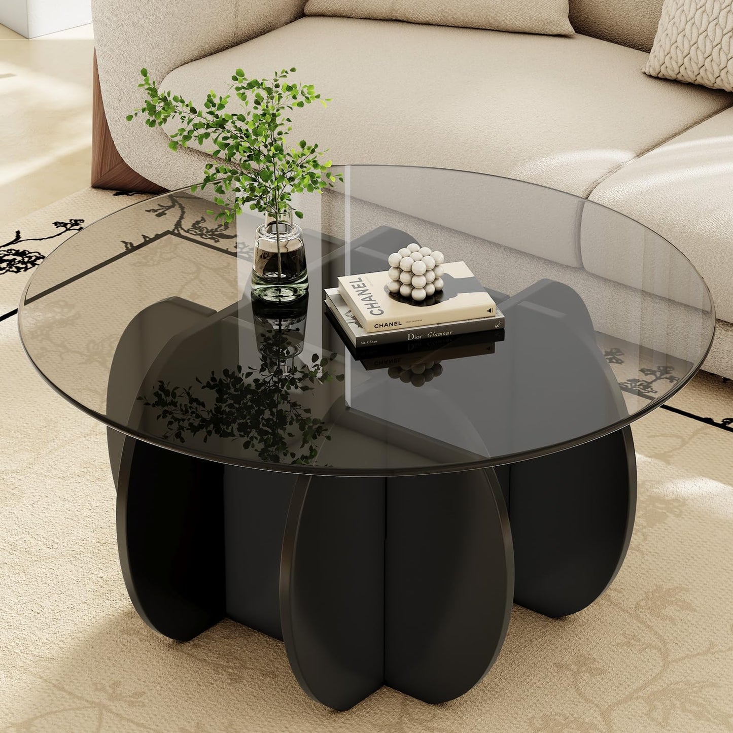 JCAJCA Coffee Table for Living Room Mid Century Modern Round Center Table with Glass Top, Black