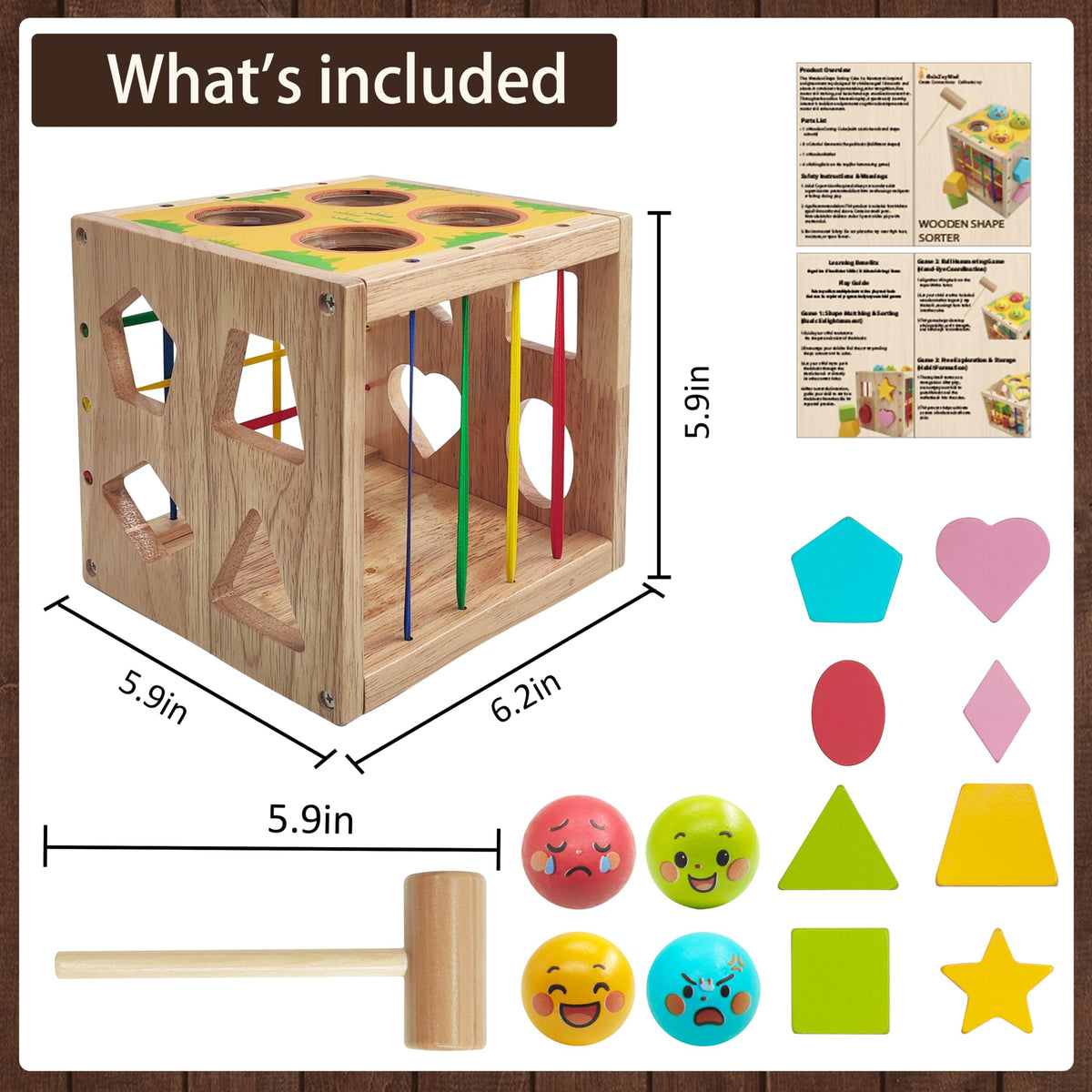 GalaJoyWud Wooden Activity Cube for Baby,Shape Sorters for Toddlers 1-3, Developmental Toy with Bead Maze, Hammer Pounding & Sensory Blocks, Gift for Boys and Girls