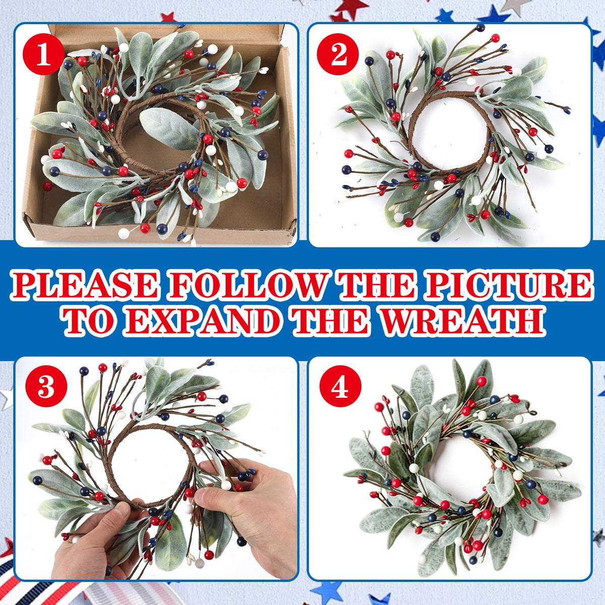 6 PCS Patriotic 4th of July Candle Rings Wreaths Independence Day Candle Rings Holder with Red White Blue Berries & Lamb's Leaves Mini Memorial Day Labor Day Wreath for Home Table Centerpiece Decor