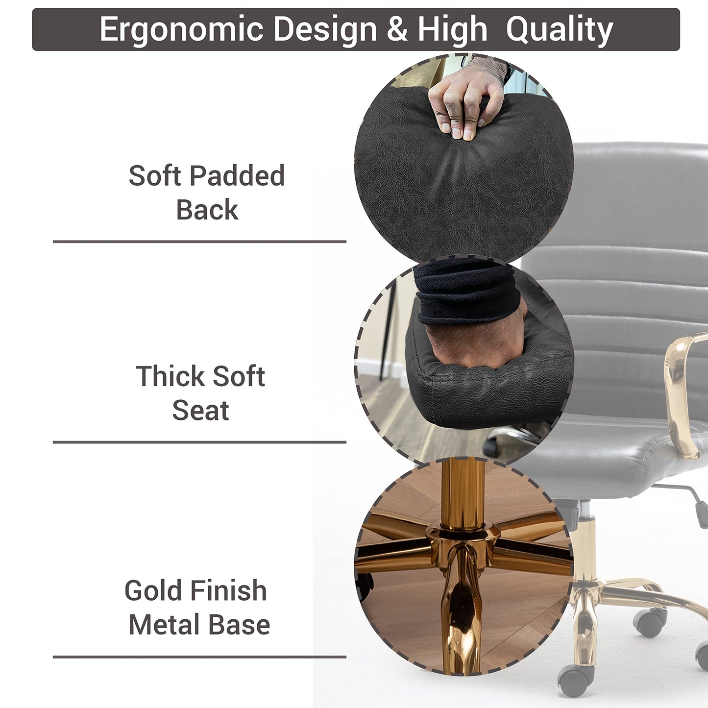 BTEXPERT Gray Faux Leather Adjustable Home Office Golden Arms Exectuive Chair High Back Manager Desk Armchair Tilt Lumbar Support, Grey (5162GY)