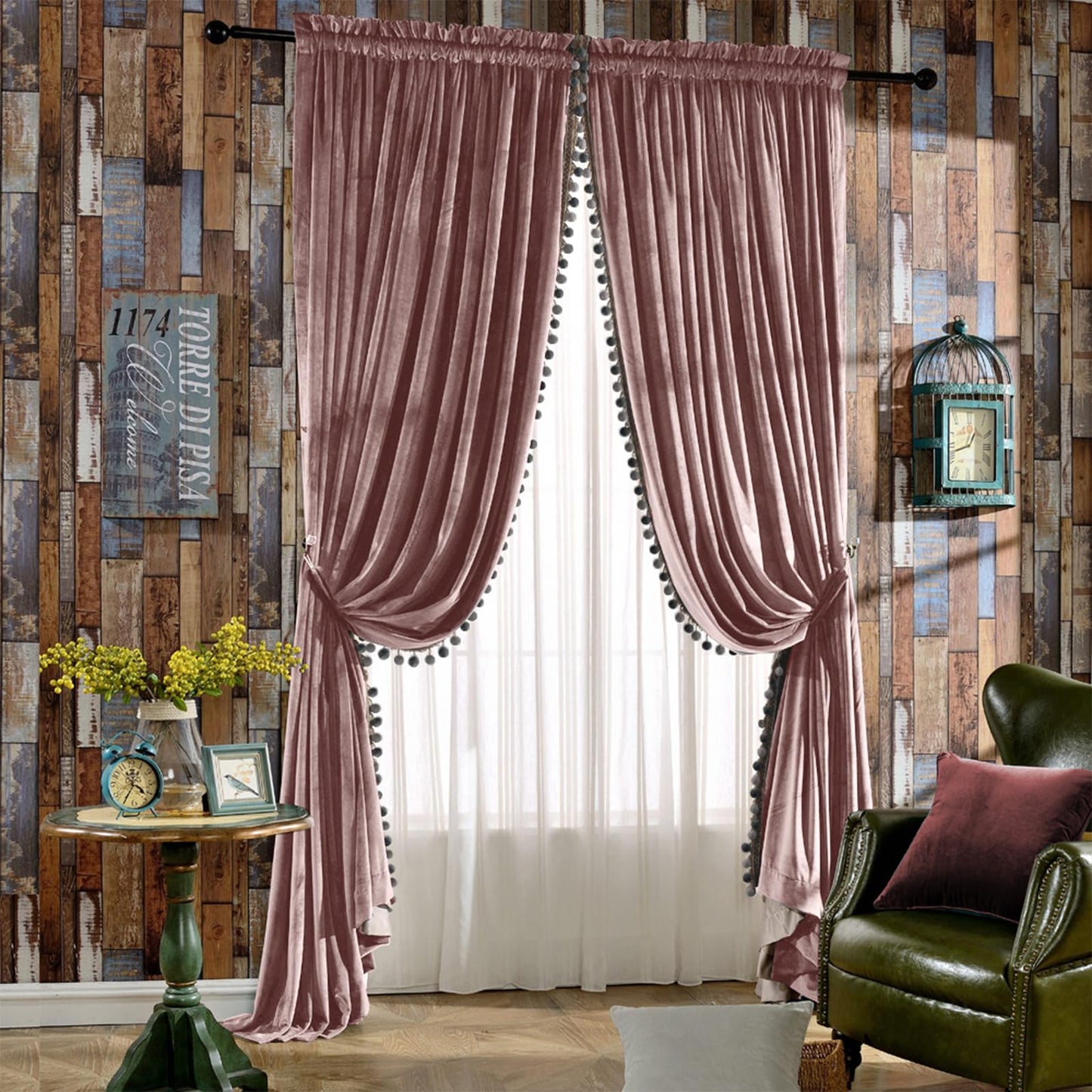 Melodieux Pom Poms Velvet Blackout Curtains for Bedroom Living Room, Vintage Luxury Thermal Insulated Rod Pocket Lined Drapes, 52" W x 84" L, Dusty Rose (2 Panels)