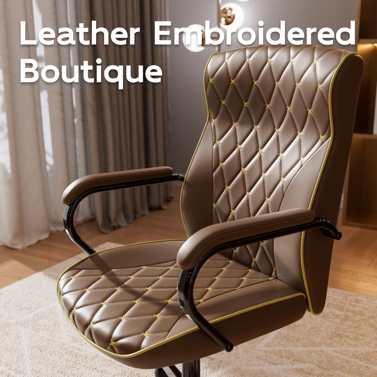 HomeZeer Brown Office Chair with Soft Leather Embroidery, Mid Back Vintage Swivel Executive Desk Chair with Wheels and Padded Arms, Adjustable Height