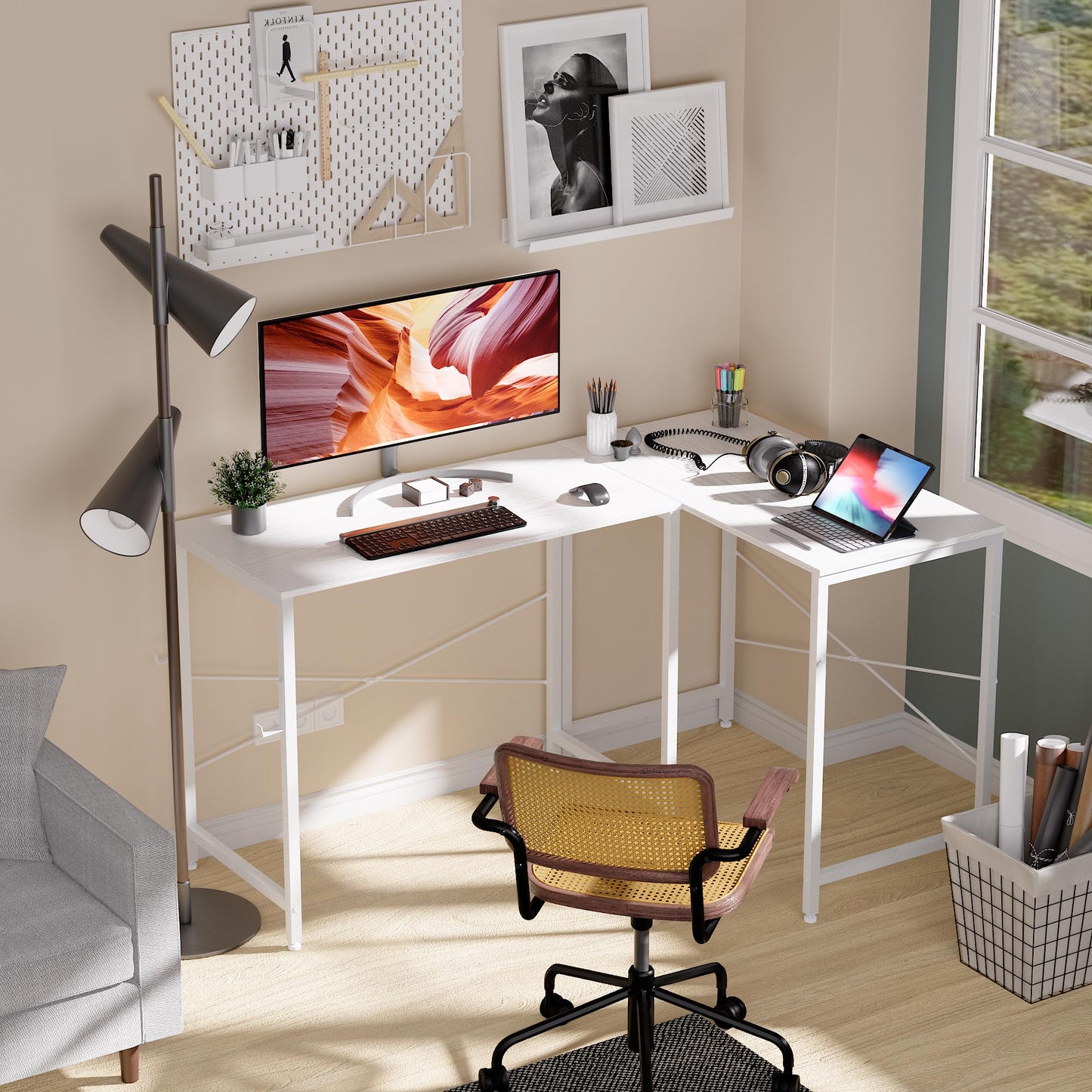 Pamray 32 Inch Computer Desk Small Spaces Desk with Storage Bag for Bedroom Writing and Home Office Work Small Study Desk Table White