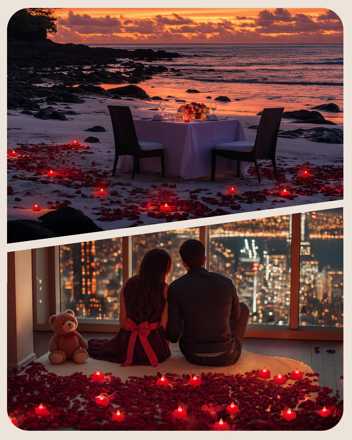 Amagic 2000 Pieces Red Artificial Rose Petals with 24 Red Heart LED Tea Lights, Rose Petals and Candles Set for Proposal, Anniversary, Romantic Night, Wedding Decor