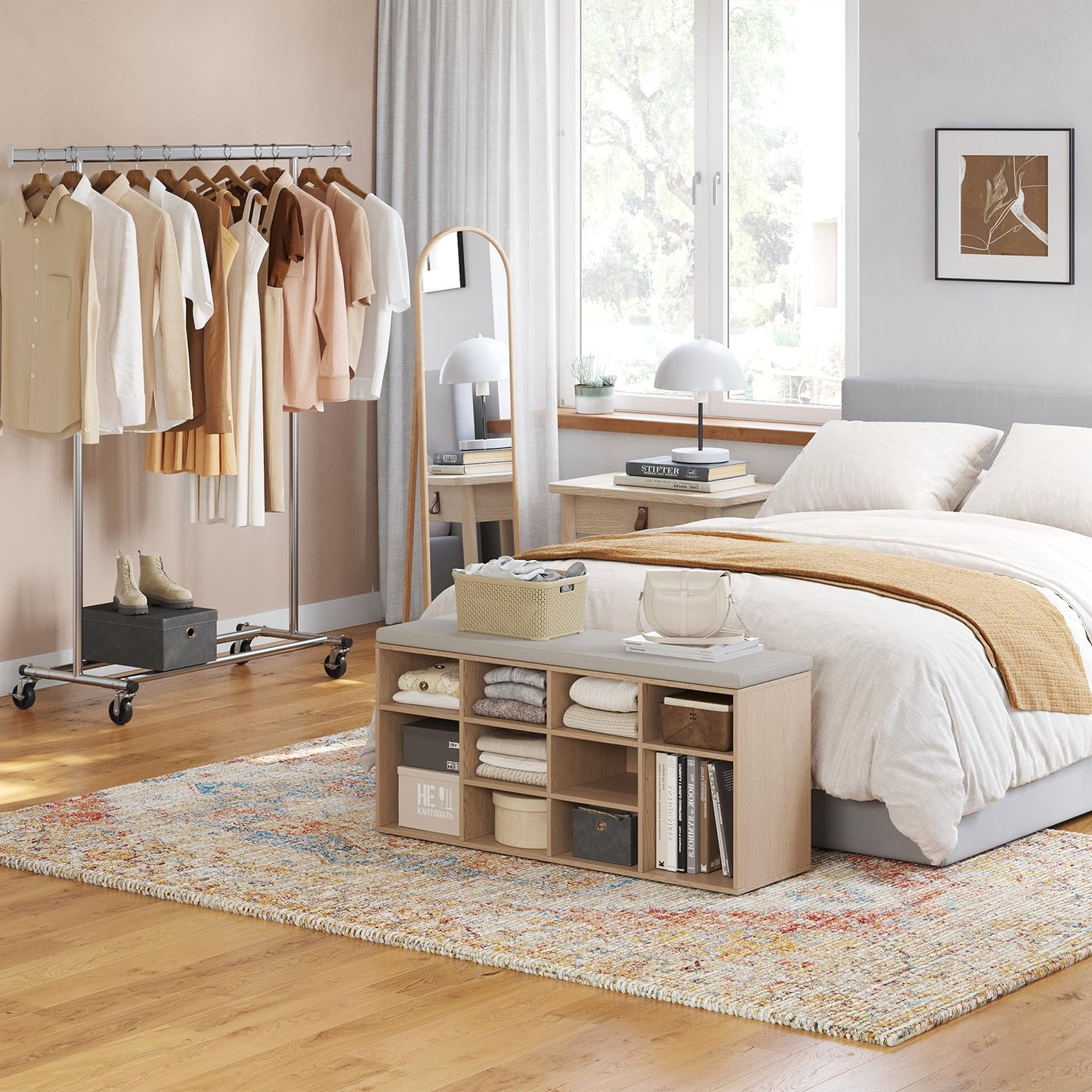 DINZI LVJ Shoe Storage Bench with Cushion, 12-Cubby Shoe Rack, Adjustable Shelves, 40.9" Long Shoe Organizer Bench for Entryway, Mudroom, Hallway, Garage, Natural and Cappuccino Beige