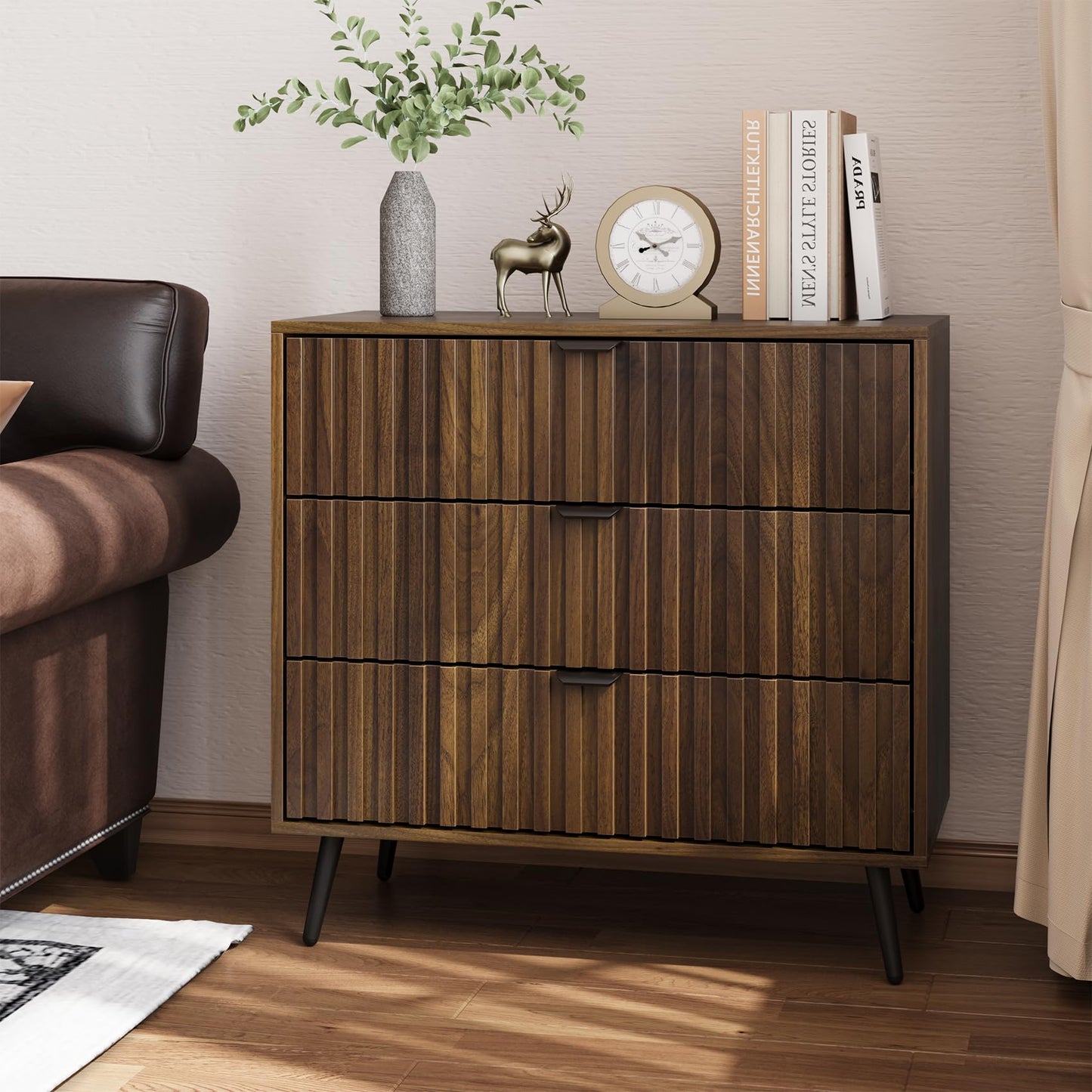 Smart FENDEE 3 Drawers Dresser, Fluted Small Dresser, 31.5“ W Mid- Century Modern Wooden Chest of Drawers, Large Nightstand Organizer for Bedroom, Closet, Hallway, Entryway, Walnut