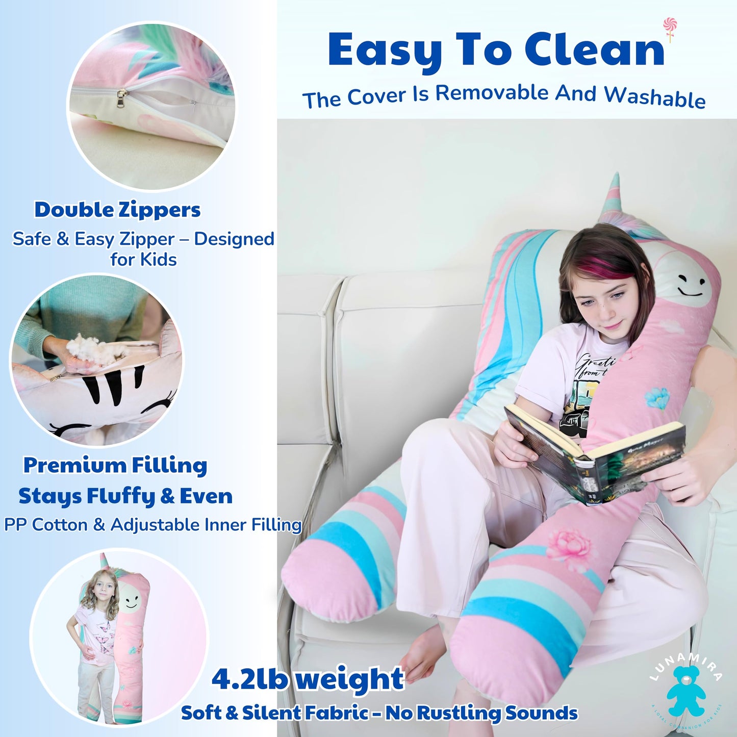 LUNAMIRA Unicorn Kids Body Pillow - 47" U-Shape Long Plush Soft Animal Pillow for Sleeping, Reading, ADHD & Special Needs Comfort, Anxiety, Washable Cover, Snuggle Cuddle for Boys & Girls