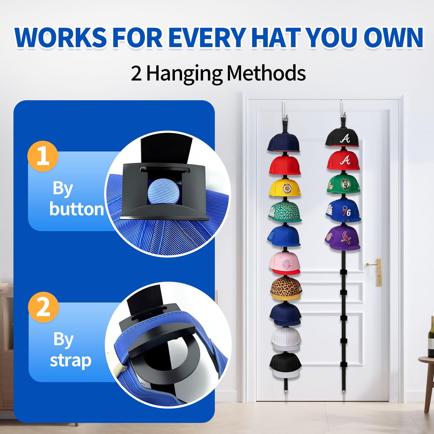 Aitsuremoom Hat Rack for Door, Over the Door Hat Organizer for Baseball Caps, Adjustable Cap Storage with 10 Two-Way Hanging Display Hooks, No-Drill Space-Saving for Bedroom Closet Entryway, 1 Pack