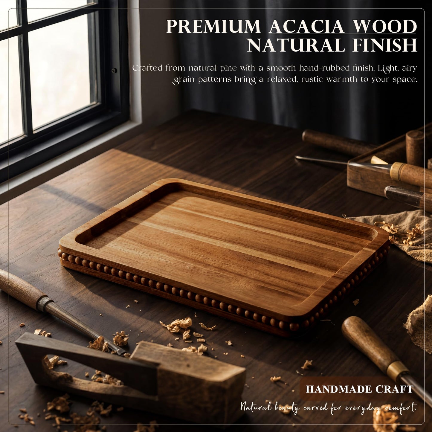 Acacia Wood Couch Tray with Beaded Edge for Home Decor - Foldable Sofa Armrest Tray as End Table - Couch Armrest Table with Anti-Slip Legs for Drink, Snacks (Acacia, 13"x9"x1")