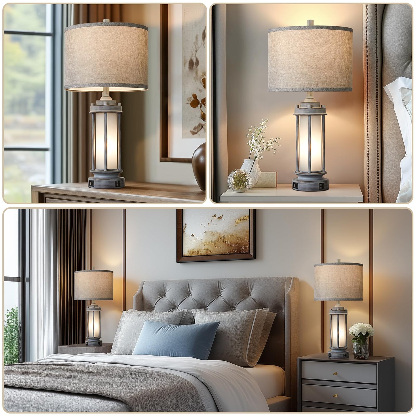 AIEAMPDO 25" Rustic Farmhouse Nightstand Lamp with 2 USB C+A Ports