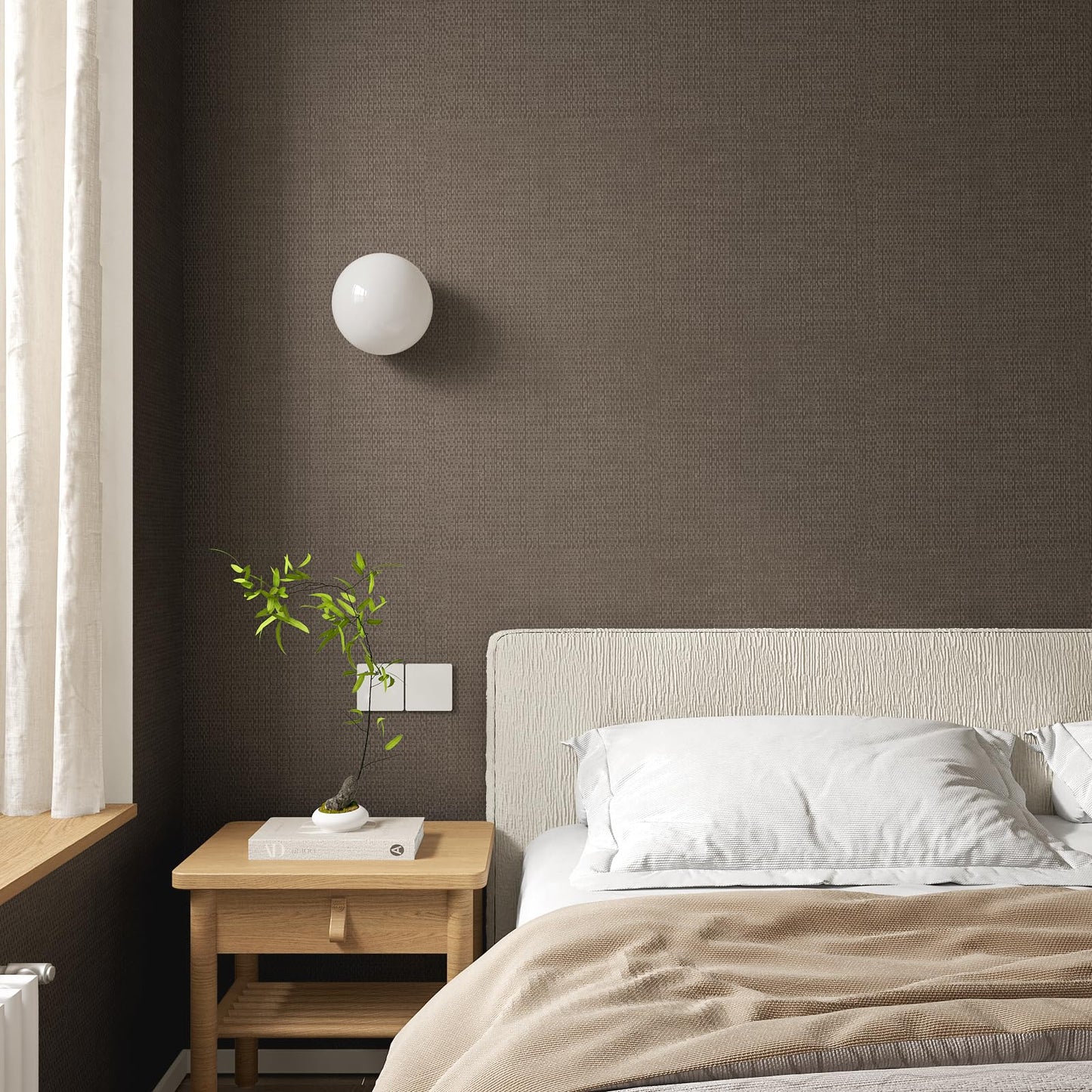 VaryStyle Luxury Brown Gold Grasscloth Peel and Stick Wallpaper Textured Grass Cloth Wallpaper for Bedroom Bathroom 15.7"x118" Removable Waterproof Vinyl Brown Contact Paper for Furniture Shelf Liner