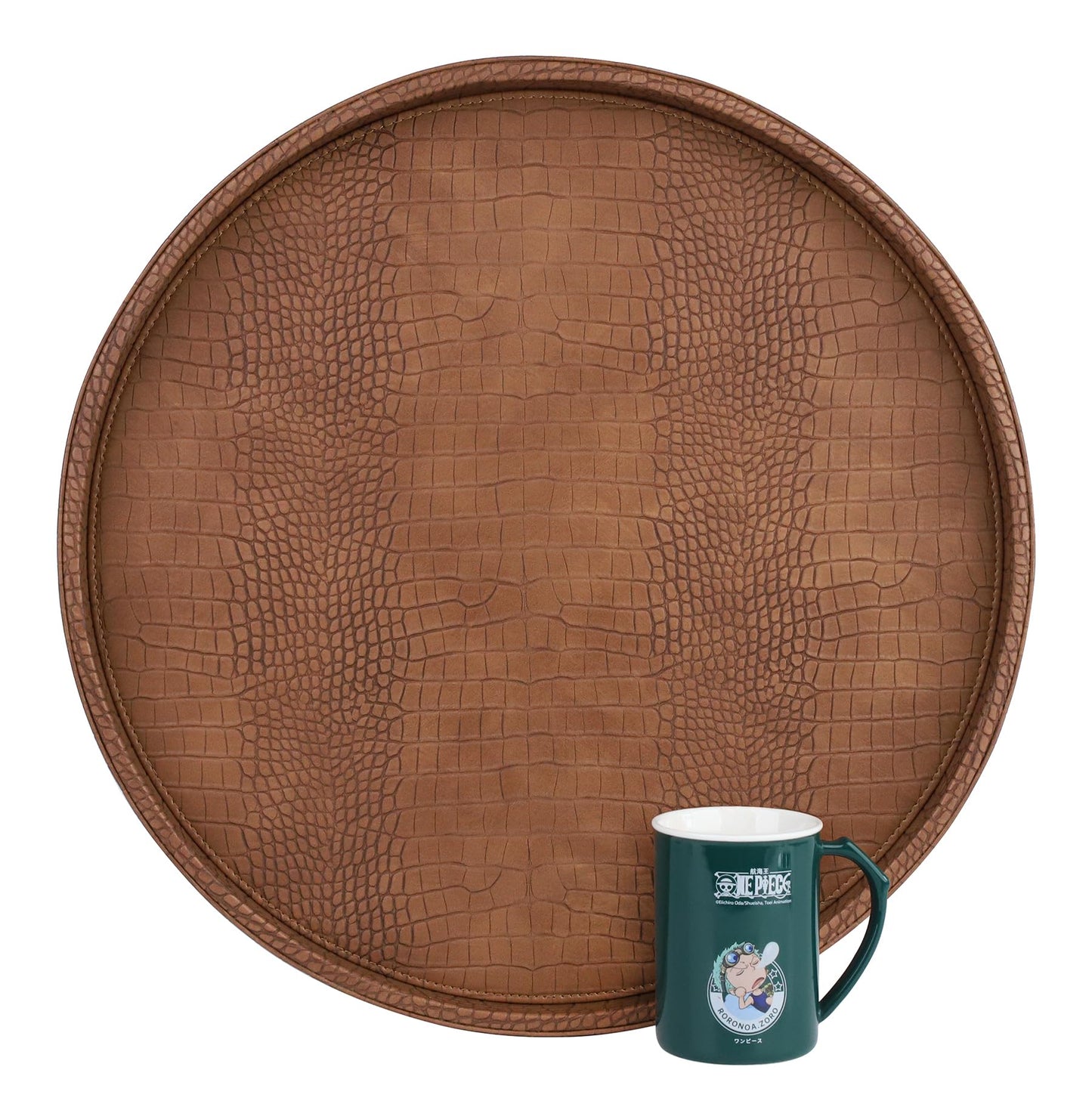 HofferRuffer Round Serving Tray 20'', Elegant Faux Leather Circle Ottoman Table Tray, Serve Tea Coffee Breakfast in Bedroom Living Room Kitchen (Brown)