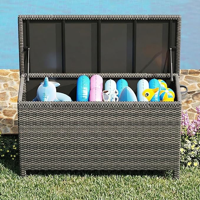 GarveeLife Medium Outdoor Wicker Storage Box, PE Rattan Patio Storage Chest