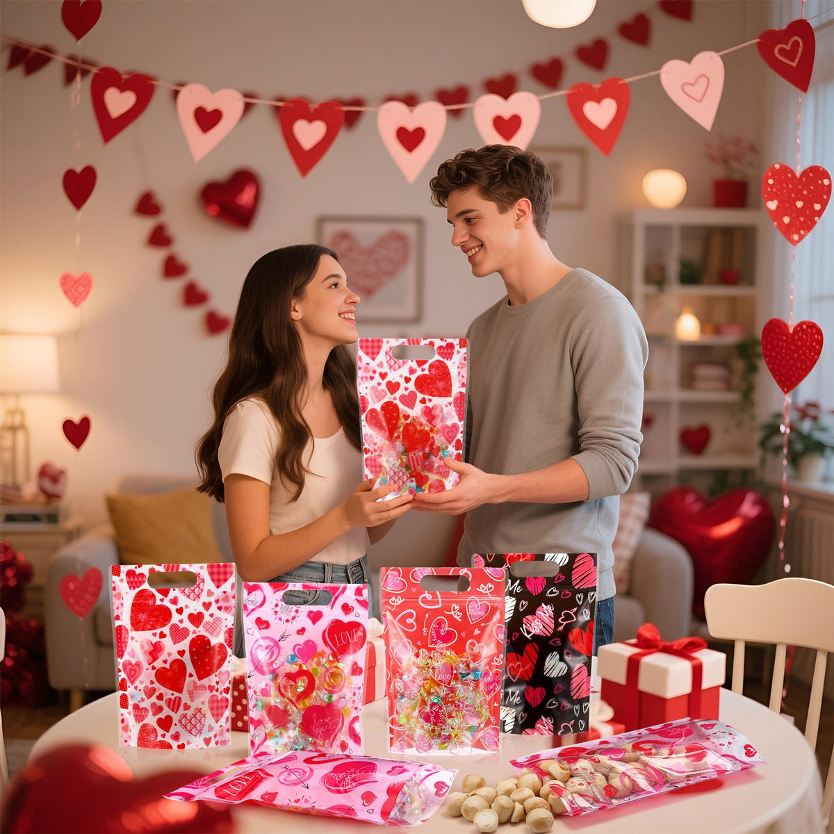 Pasimy 60 Pcs Valentine's Day Sealing Candy Bags with Zipper Love Heart Treat Goodie Bag Valentines Sealing Pouches with Handles Plastic for Valentines Party Favor Classroom Exchange Prizes Supplies