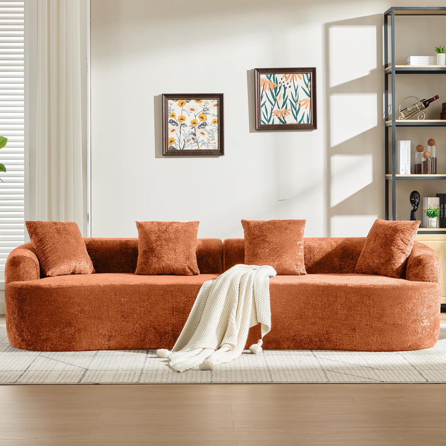 Sectional Sofa, Curved Cloud Sofa Couch, Chenille Full Sponge Chaise for Living Room, Apartment (Orange, 110 Inch)