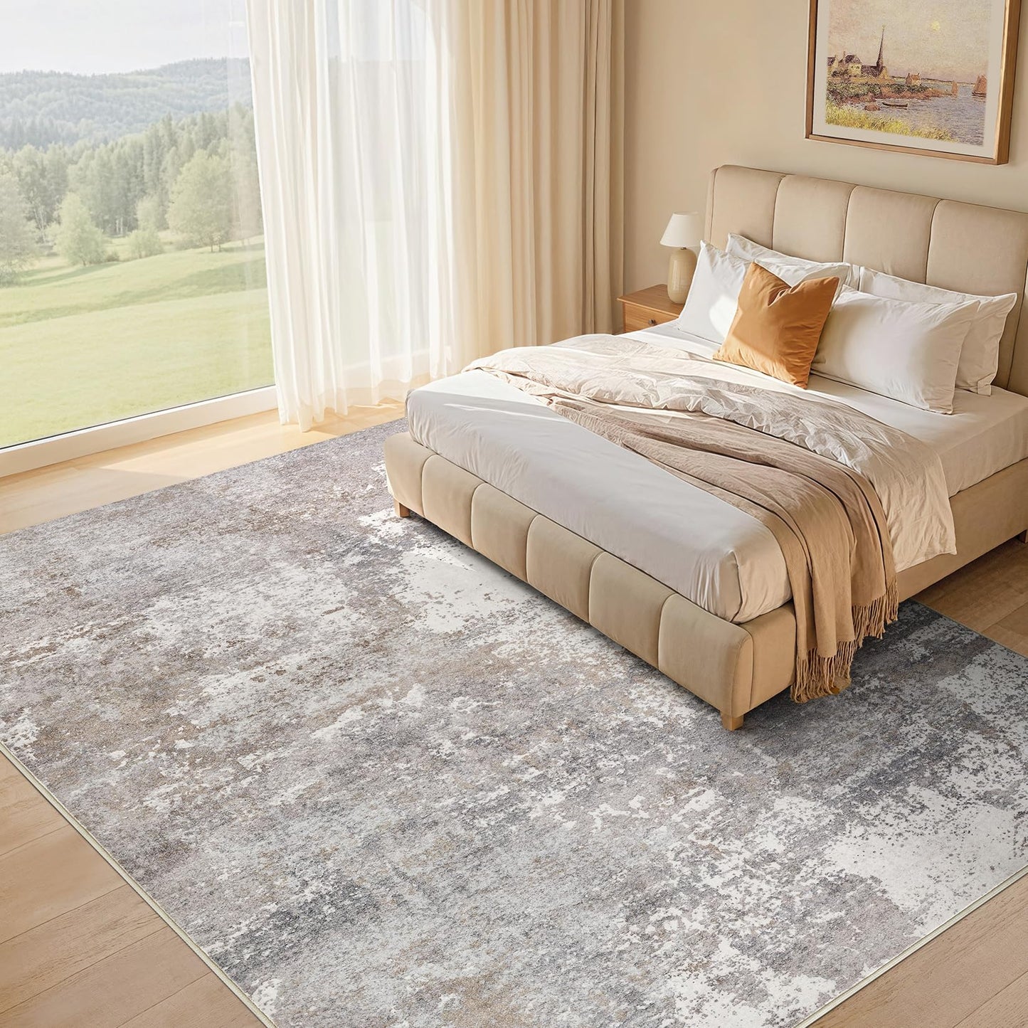 Micgeek Area Rug Living Room - 9X12 Abstract Washable Large Soft Foldable Non Slip Rug Neutral Modern Low Pile Carpet for Bedroom Nursery Dining Room Farmhouse Home Office Indoor - Grey Brown