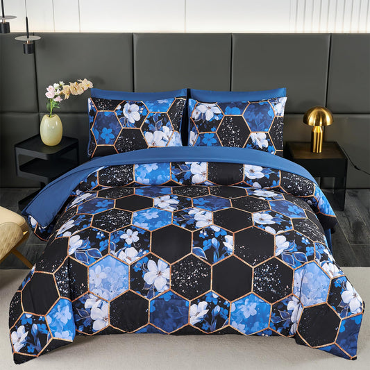 ZRNBAST Queen Comforter Set 7 Pieces Blue Floral Bedding Set, Geometric Bed in A Bag with Sheets and Pillowcases, Soft Microfiber Complete Bedding Sets for All Season(Blue Floral,Queen)