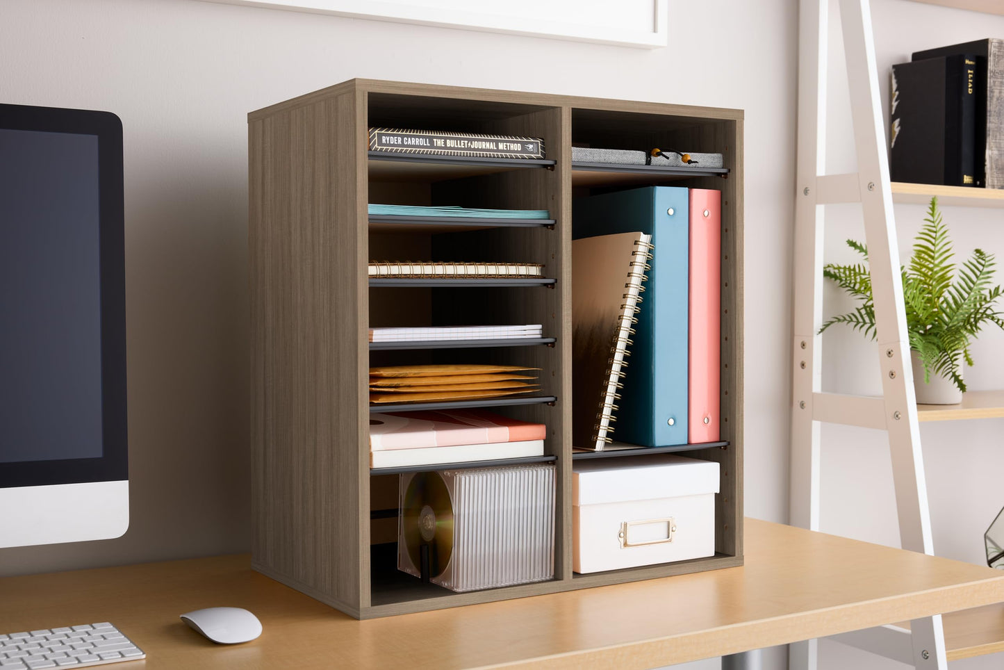 Safco Products Wood Adjustable Literature Desktop Organizer, 16 Compartment, Gray Wood