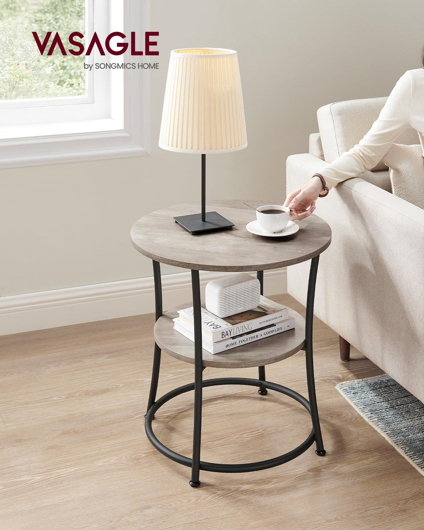VASAGLE 21.7-Inch Round Side Table, 2-Tier End Table, Nightstand with Steel Frame, Spacious Top, for Small Spaces, Living Room, Bedroom, Heather Greige and Ink Black ULET56BG
