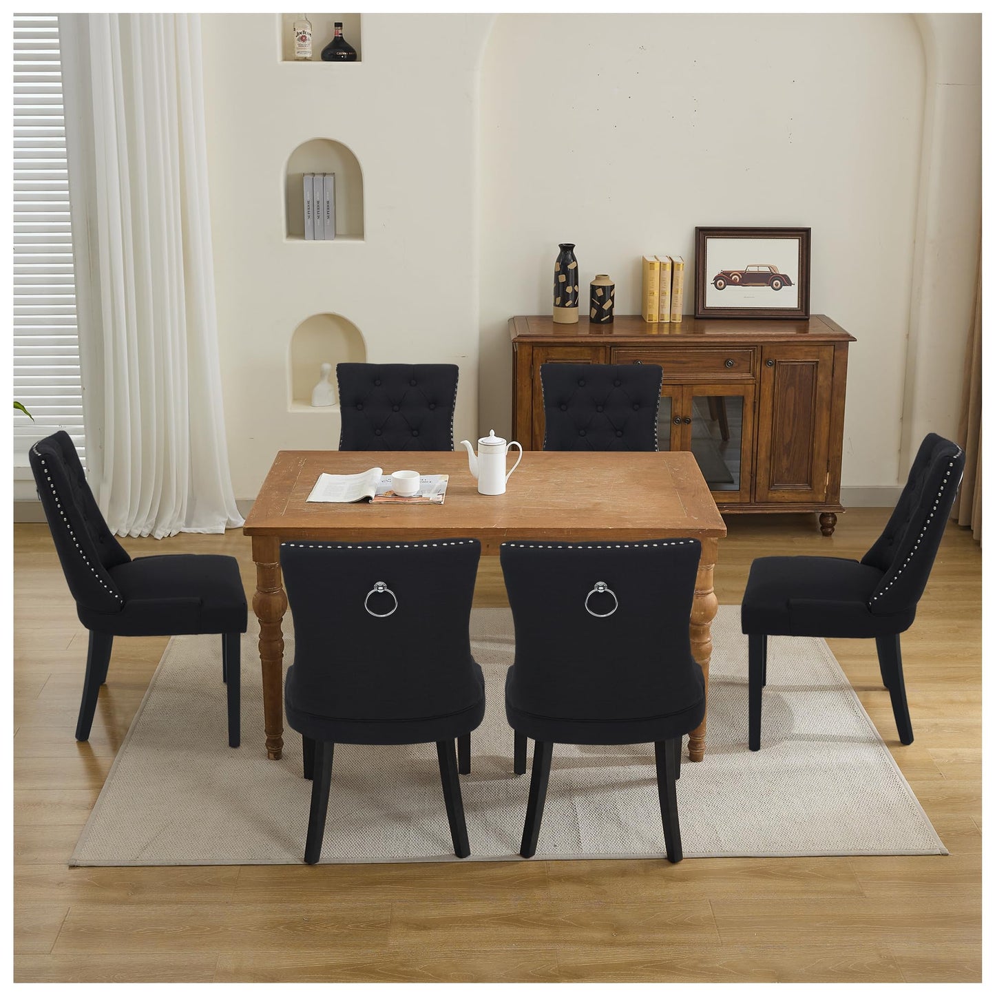 UDAX Modern Leisure Linen Dining Chairs Set of 4, Upholstered Dining Chair with Solid Wood Legs, Mid-Century Dining Room Chairs with Pull Ring and Tufted Backrest, Black