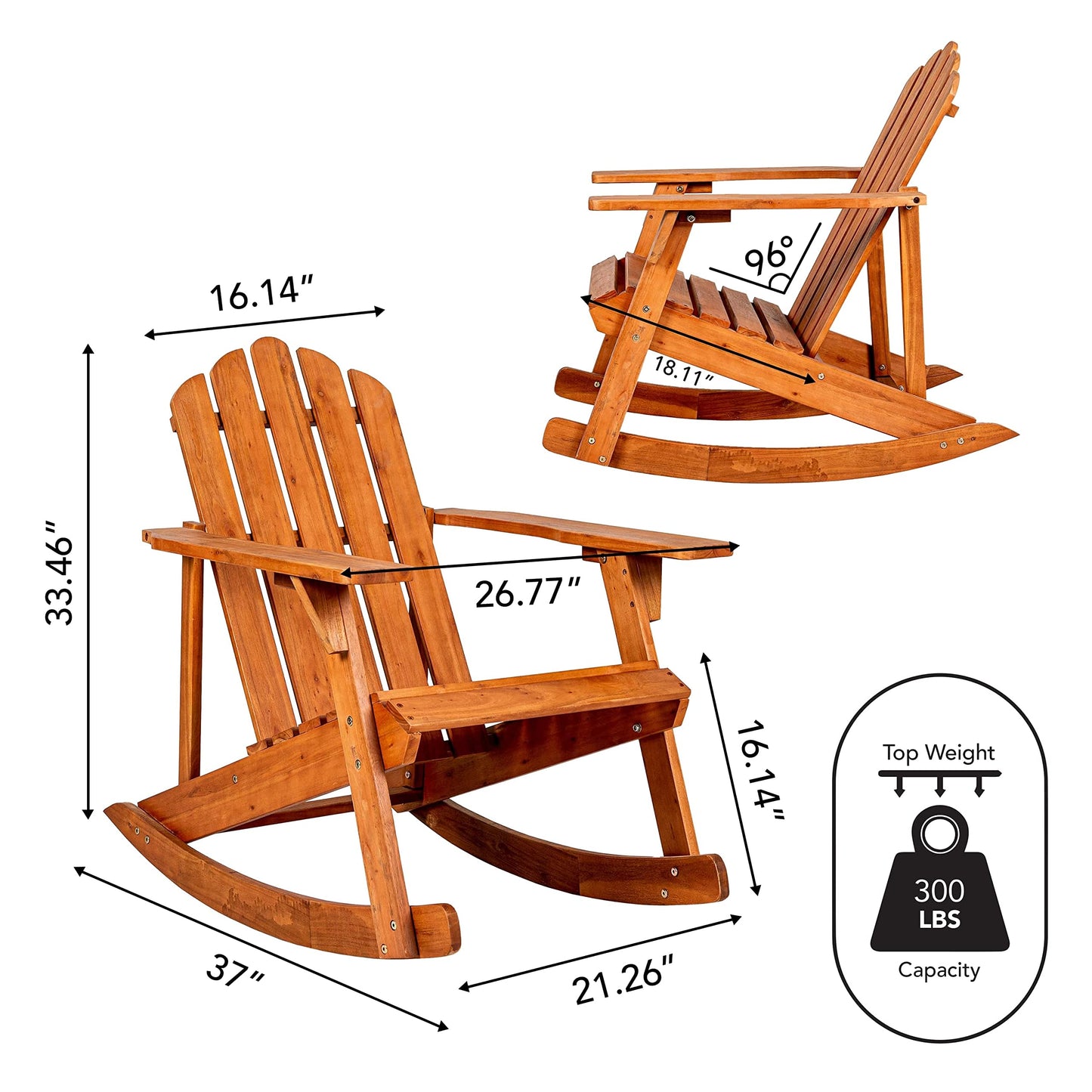 JONATHAN Y Kiawah Acacia Wood Adirondack Rocking Chair, Weather-Resistant Outdoor Slatted Rocker for Patio, Deck, Garden and Fire Pit, Solid Wood Lawn Seating, Light Brown PAT1000A