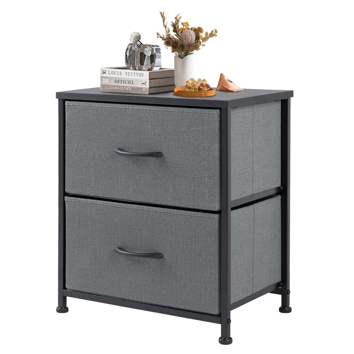 DUMOS Nightstand Small Dresser with 2 Fabric Drawers Side Bedroom End Table Kids Bedside Storage Furniture for 20 inch Tall Night Stand for Closet, Entryway, College Dorm, Ash