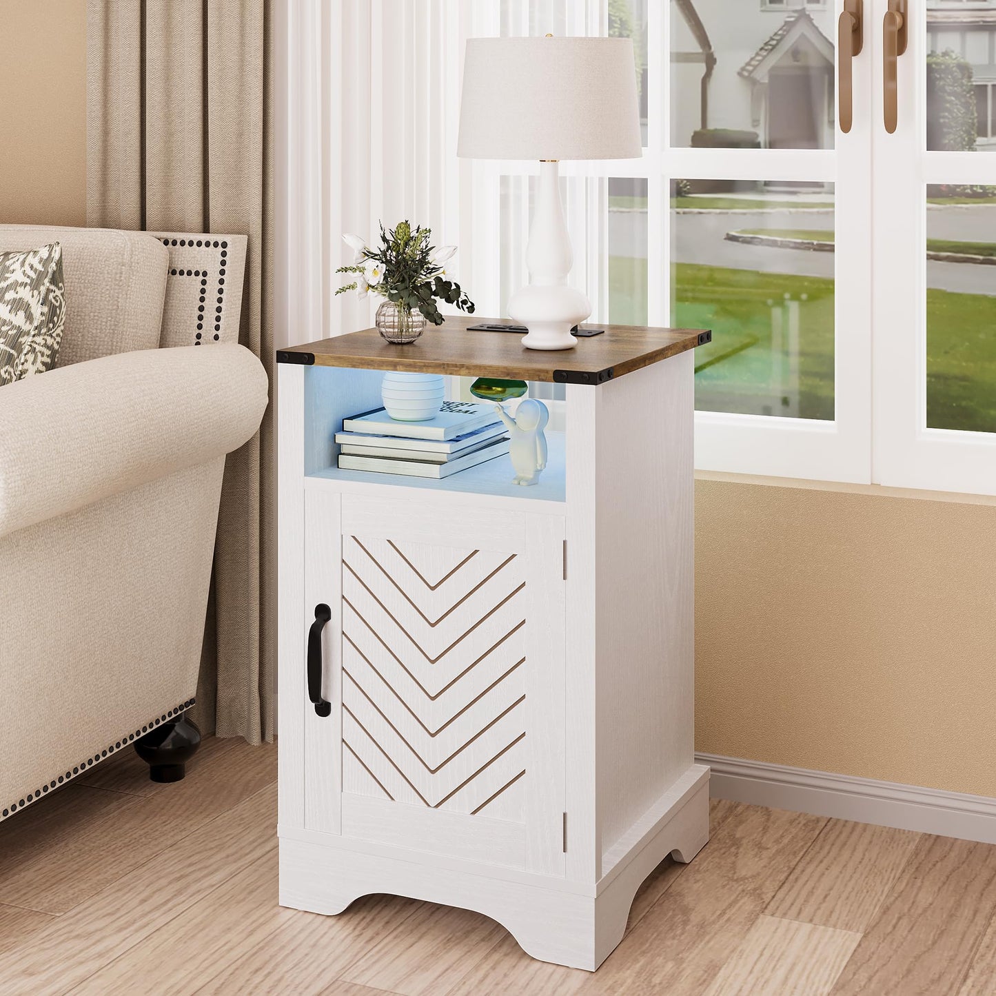 RoyalCraft Farmhouse Nightstand, End Table with LED Lights and Charging Station, Tall Bedside Table with Large Storage and Shelf, Wooden Side Table for Bedroom, Home Office, White and Rustic Oak