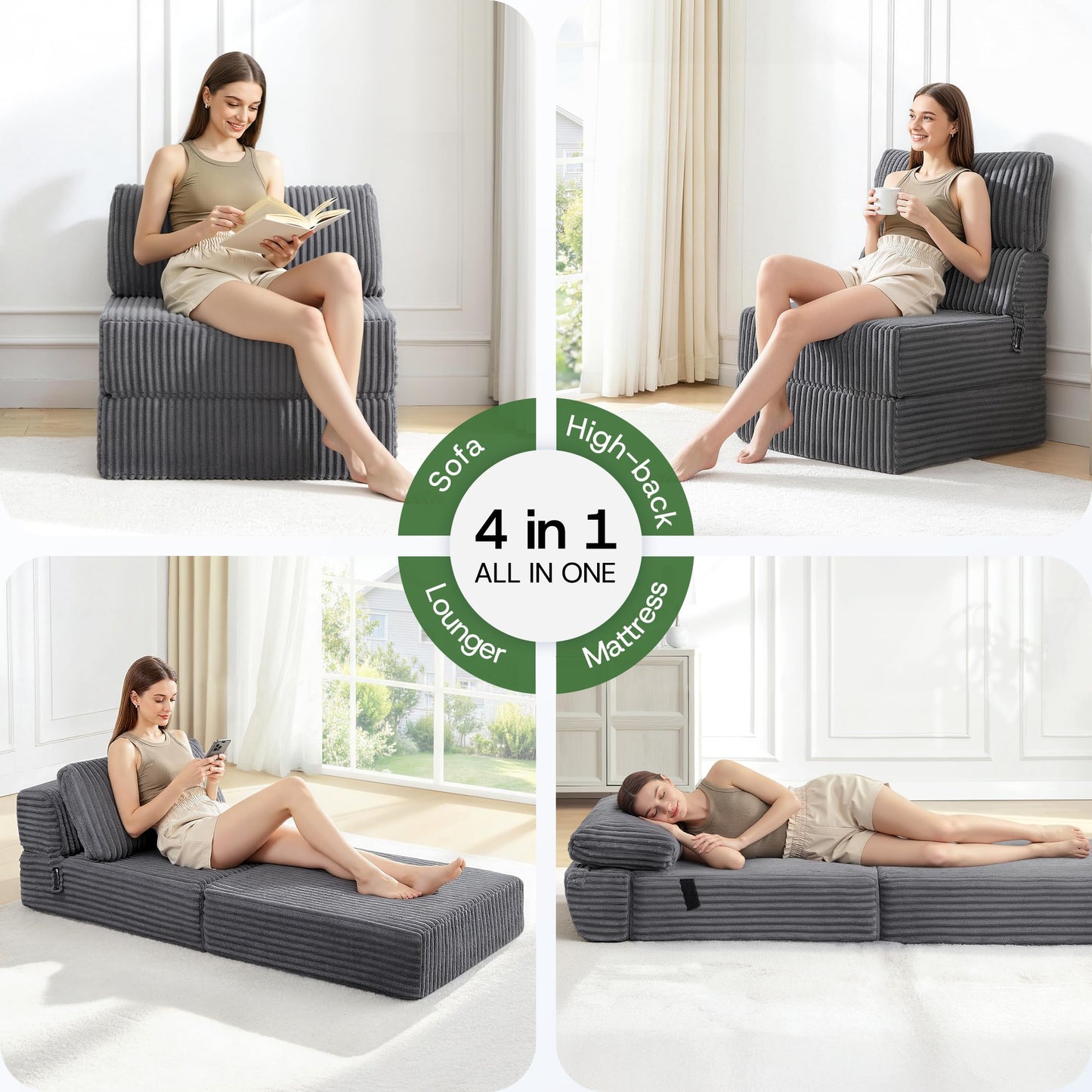 MEGAYES 4-in-1 Folding Sofa Bed Convertible Boneless Sleeper Chair Couch Foldable Lounger & Mattress Pocket Coil & Foam Fill Medium Support, Portable No Assembly for Living Room/Bedroom, Single