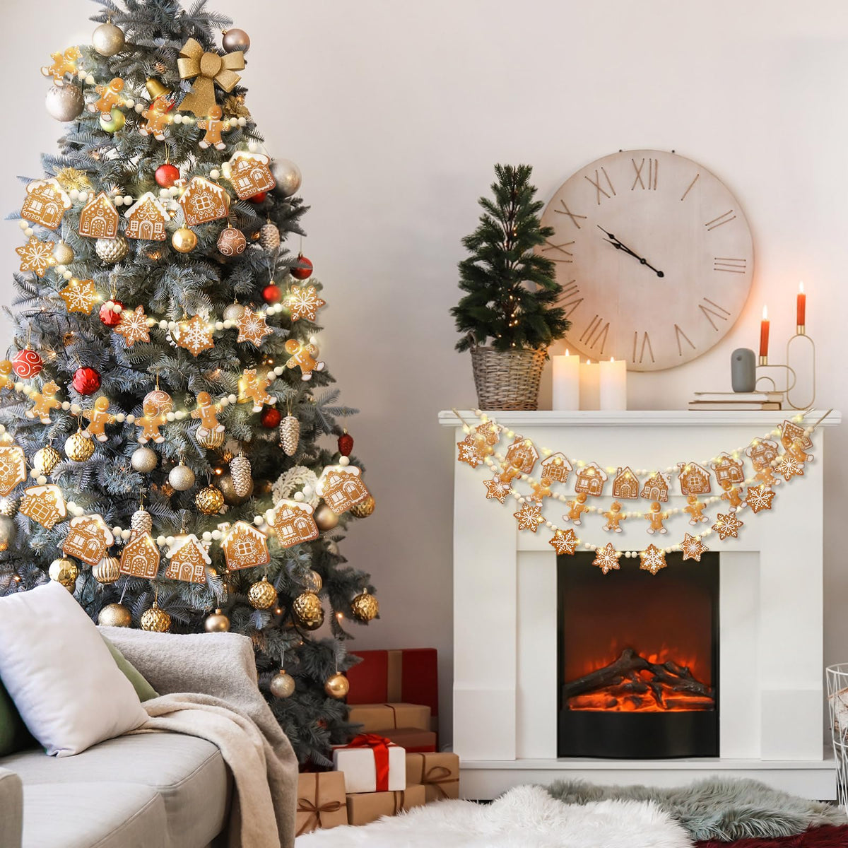 Youyole 3 Pcs Wooden Gingerbread Garland Banner LED Christmas Wooden Bead Gingerbread Man House Snowflake Decoration 5.9 ft Rustic Hanging Banner for Mantel Fireplace Holiday Room Wall Decoration