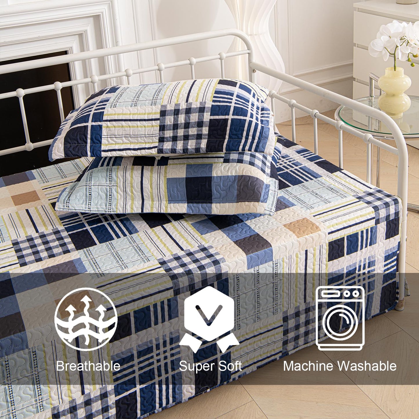 Feyocn 5-Piece Plaid Daybed Cover Set Twin Cozy Daybed Bedding Comforter Bedspread Sets for All Season Lightweight Plaid Day Bed Cover for Twin Bed with 4 Pillow Shams,39"x75"