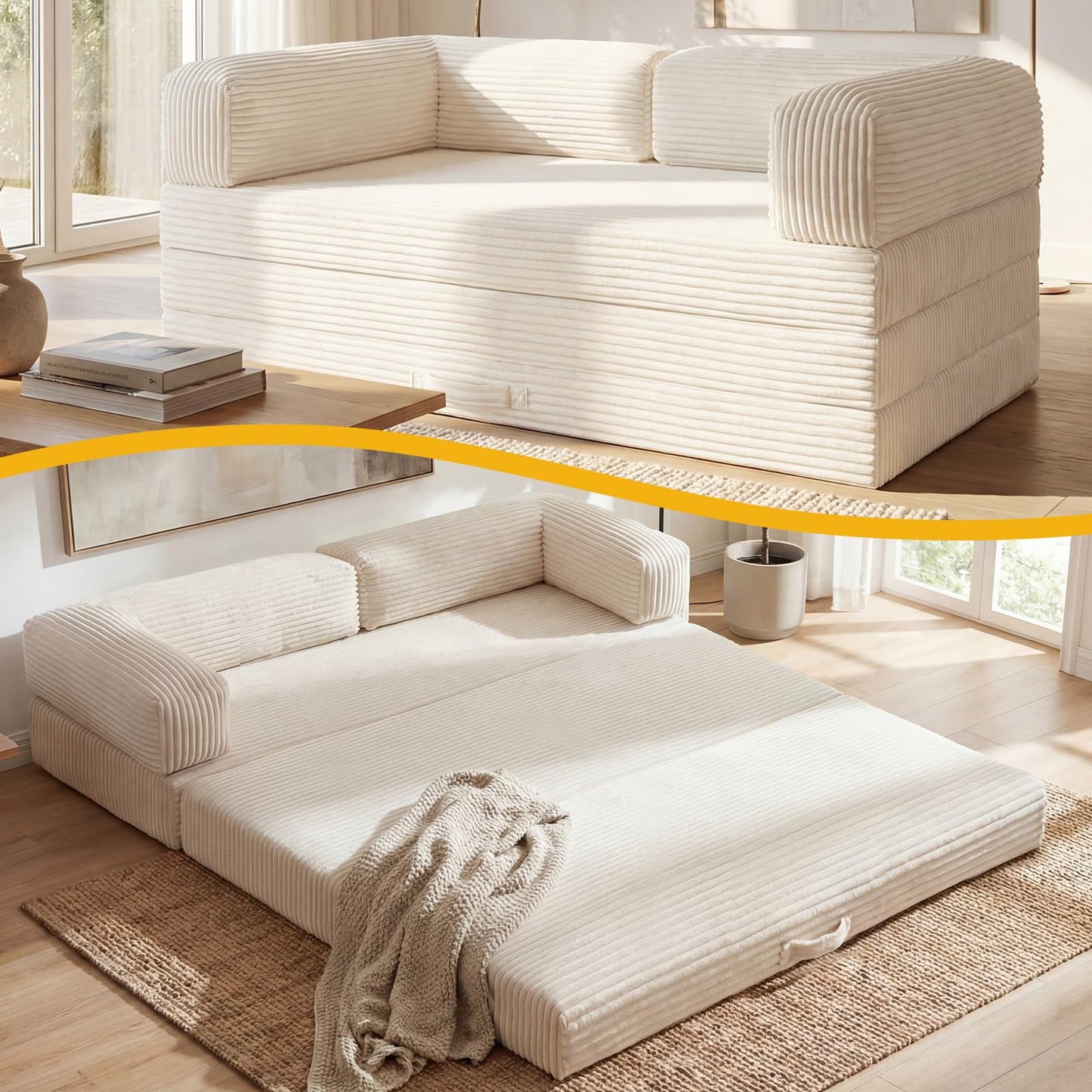 Erament Convertible Sofa Bed, Tri-Folding Mattress Queen with Removable Armrests & Washable Cover, Foldable Small Pull Out Couch Bed with High-Density Foam, Beige