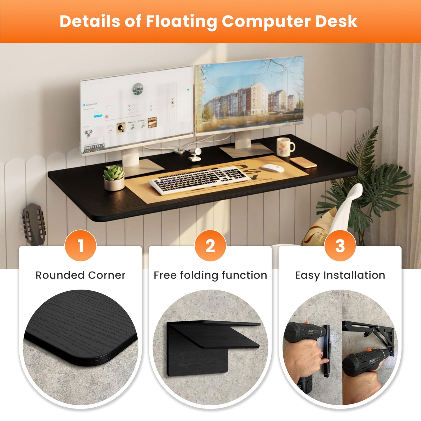 IAE Wall Mounted Floating Foldable Desk, 36" x 22" Folding Computer Workstation Table with Engineered Wood and Metal Shelf Brackets,Fold&Floating Design for Home Office, Apartment,Laundry Room,Black