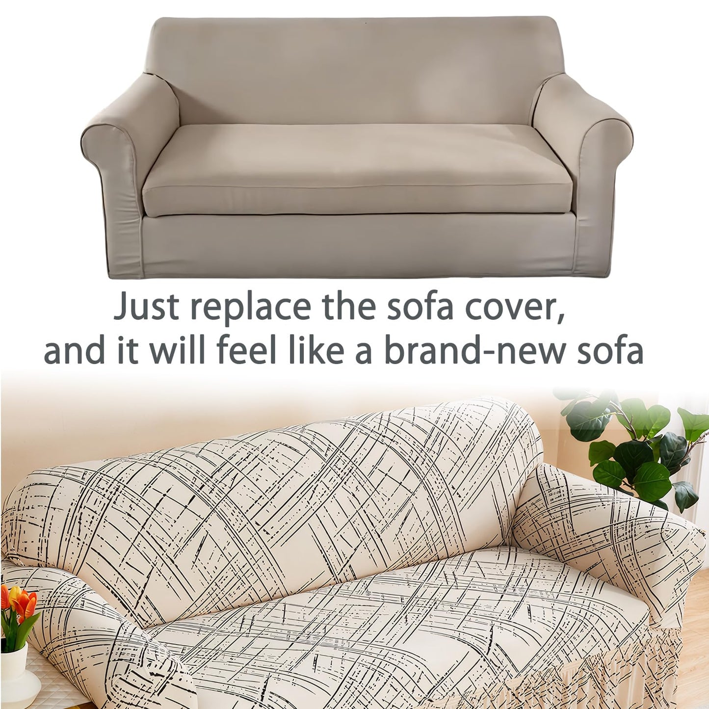 Ausing Printed Loveseat Cover Easy Fitted Non-Slip Couch Covers Washable Stretch Furniture Protector Modern Fashion Sofa Slipcover Beige Line(57”-73”)