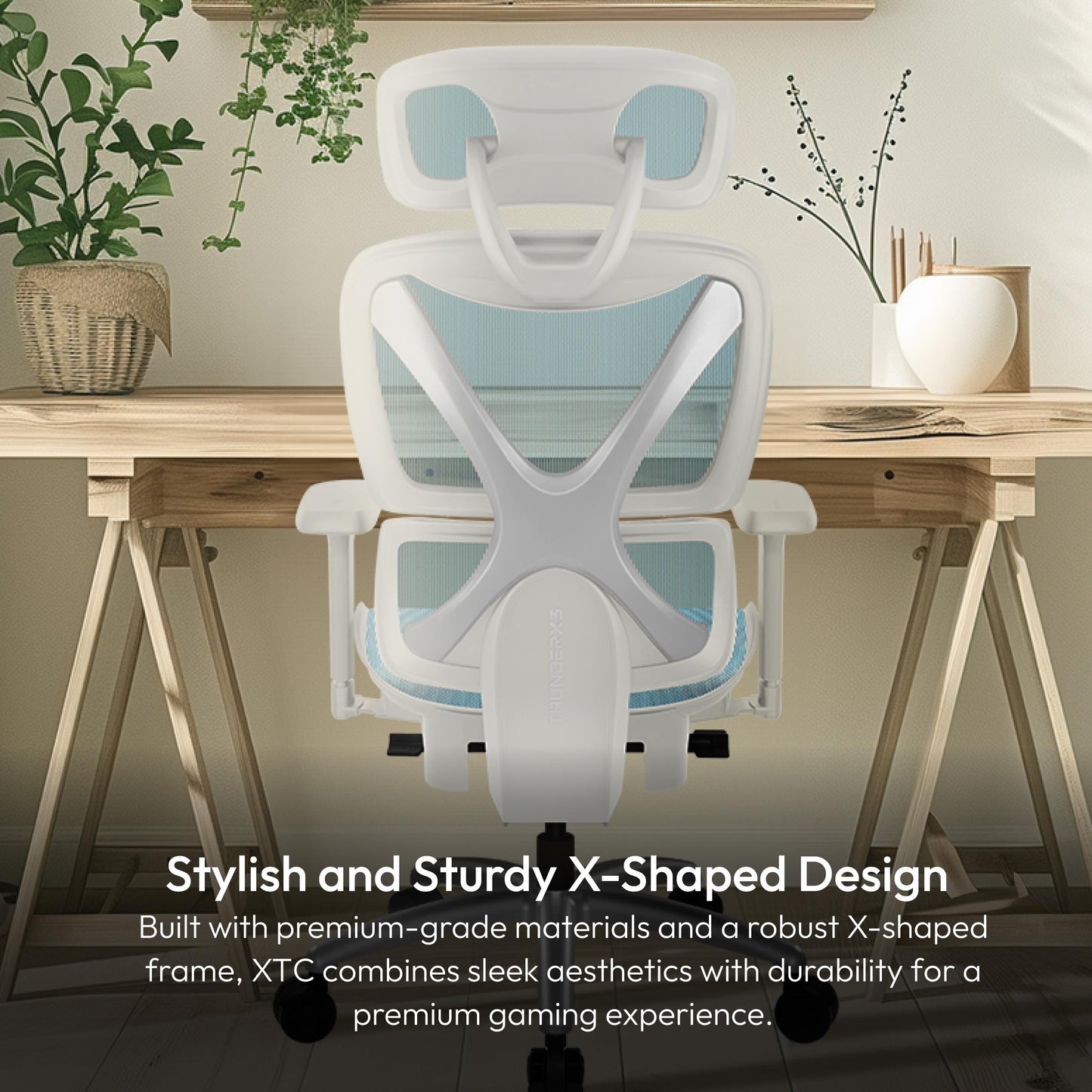 ThunderX3 XTC Ergonomic Office Chair, for Adults Gaming Chair, High Back Desk Chair, Synchronous Tilt, Self-Adjusting Lumbar Support and Backrest, Adjustable Headrest, Chroma Mesh, White Blue