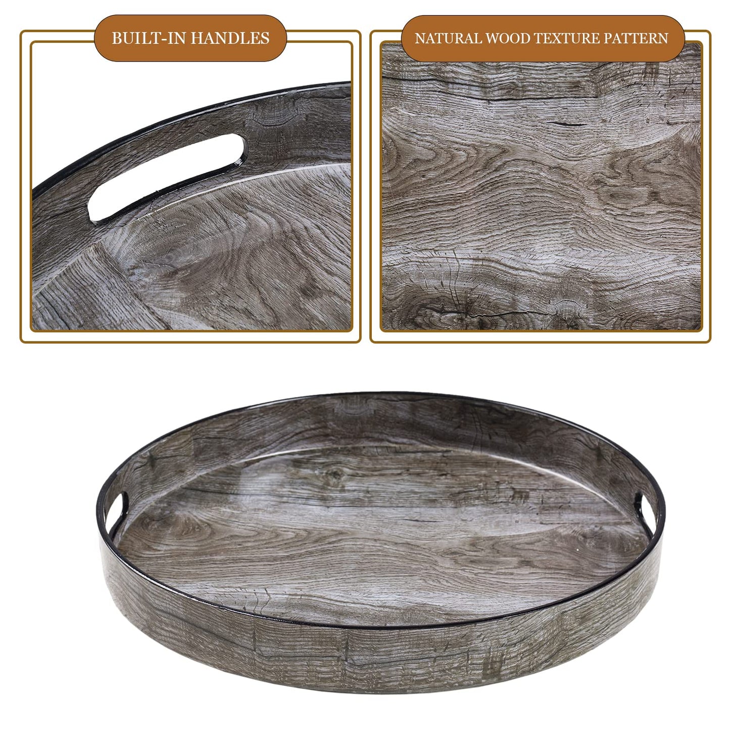 MAONAME 13" Round Decorative Tray, Plastic Tray with Handles, Coffee Table Trays, Serving Trays for Ottoman, Bathroom, Kitchen (Sticker Wood Grain)