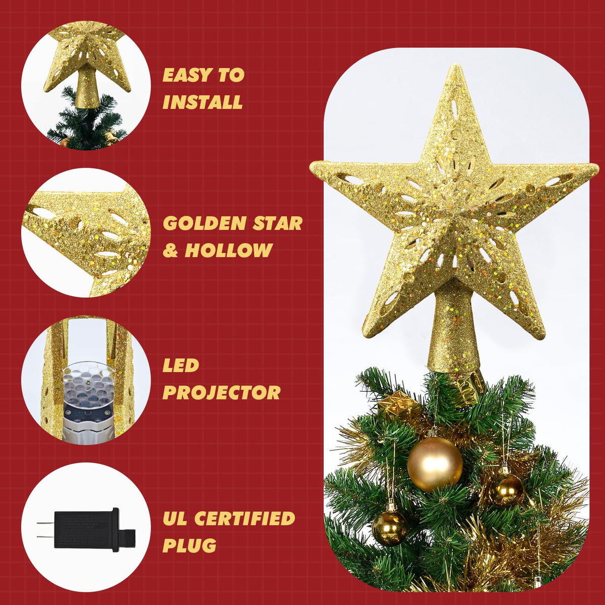 Christmas Tree Topper Lighted Star,3D Hollow Sparkling Star Christmas Tree Topper with 6 Patterns Rotating Magic Cool White Snowflake Projector, Plug in Gold Tree Topper for Tree Ornament