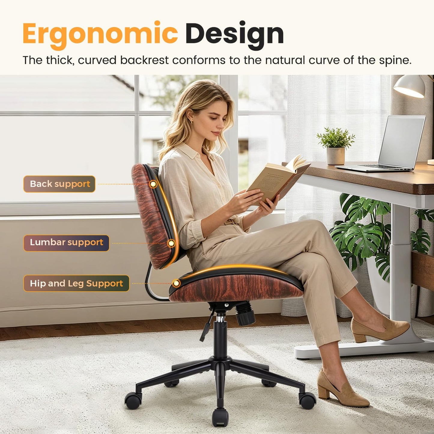 IWMH Home Office Chair Swivel Desk Chair with Wheel Small Computer Chair Armless Task Chair Modern Walnut PU Leather Backrest Rocking Function Adjustable Height, Study Reading Meeting Room (Black)