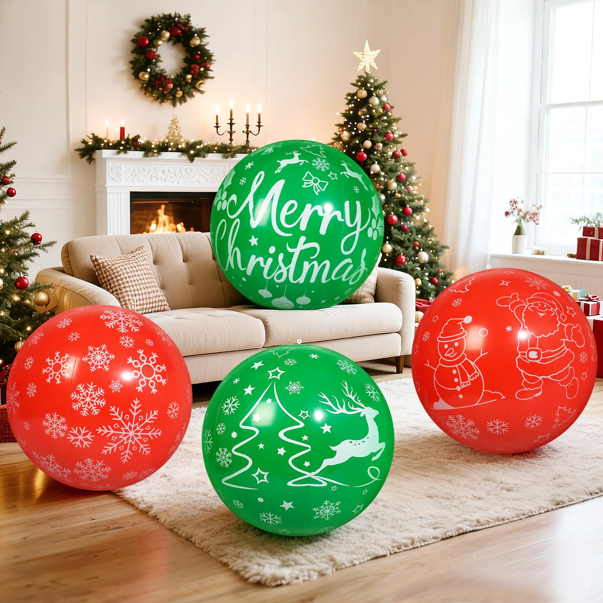 Wlicon 4 PCS 24 Inch Christmas Inflatable Balls Outdoor Inflatable Christmas Ball Ornaments for Xmas Garden Lawn Yard Holiday Front Door Window Decoration