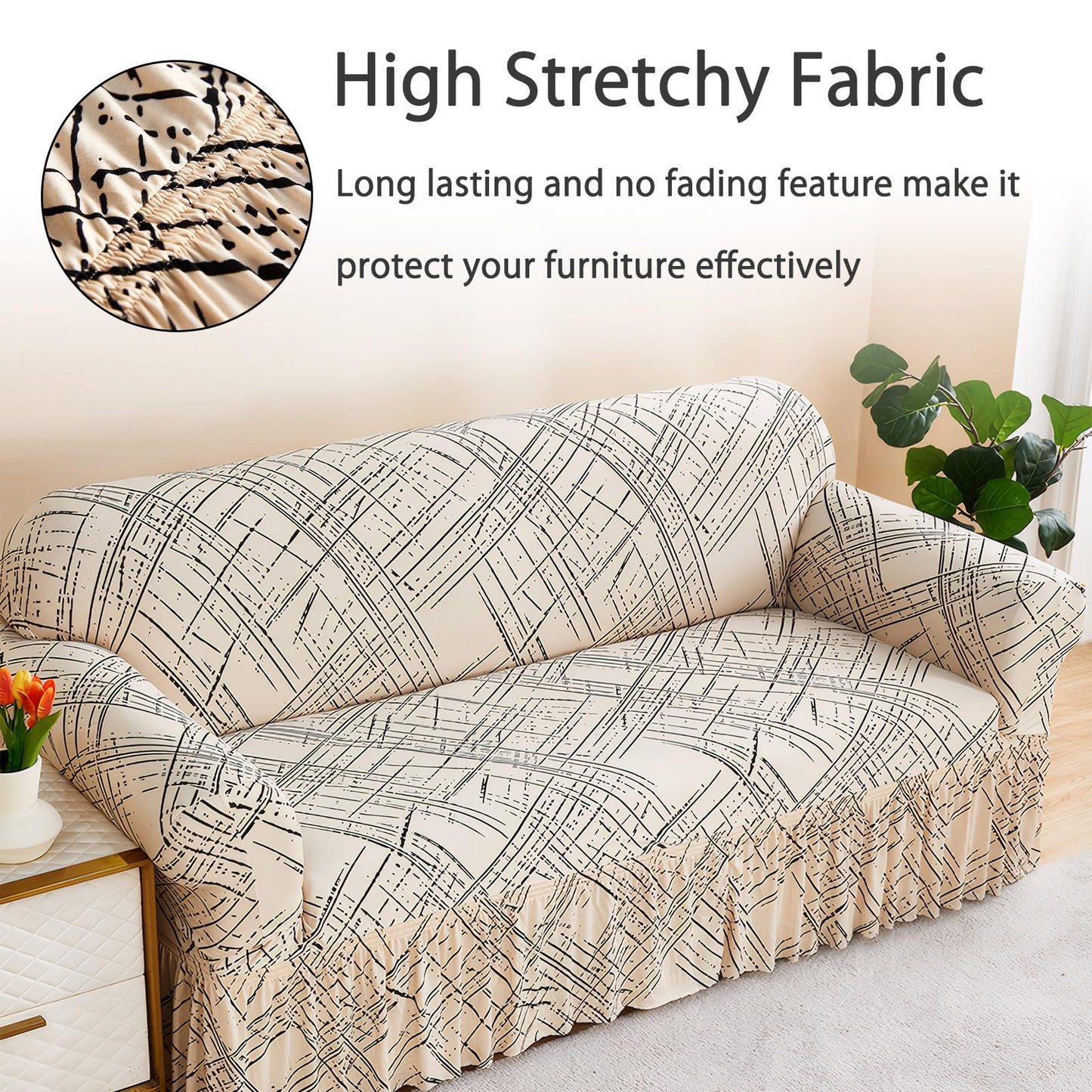 Ausing Printed Loveseat Cover Easy Fitted Non-Slip Couch Covers Washable Stretch Furniture Protector Modern Fashion Sofa Slipcover Beige Line(57”-73”)